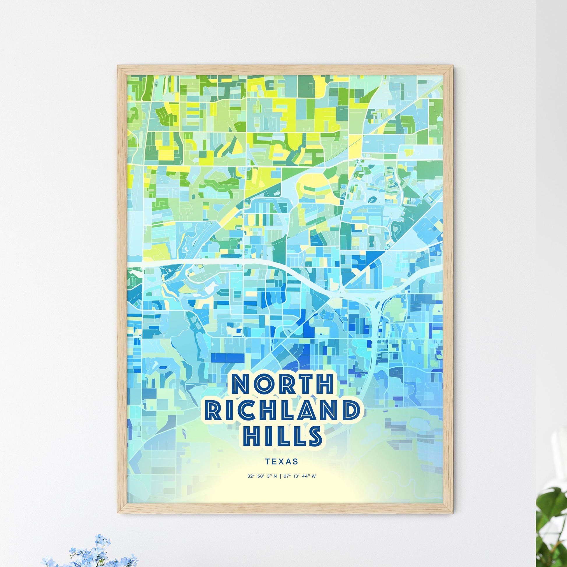 Colorful NORTH RICHLAND HILLS TEXAS Fine Art Map Cool Blue