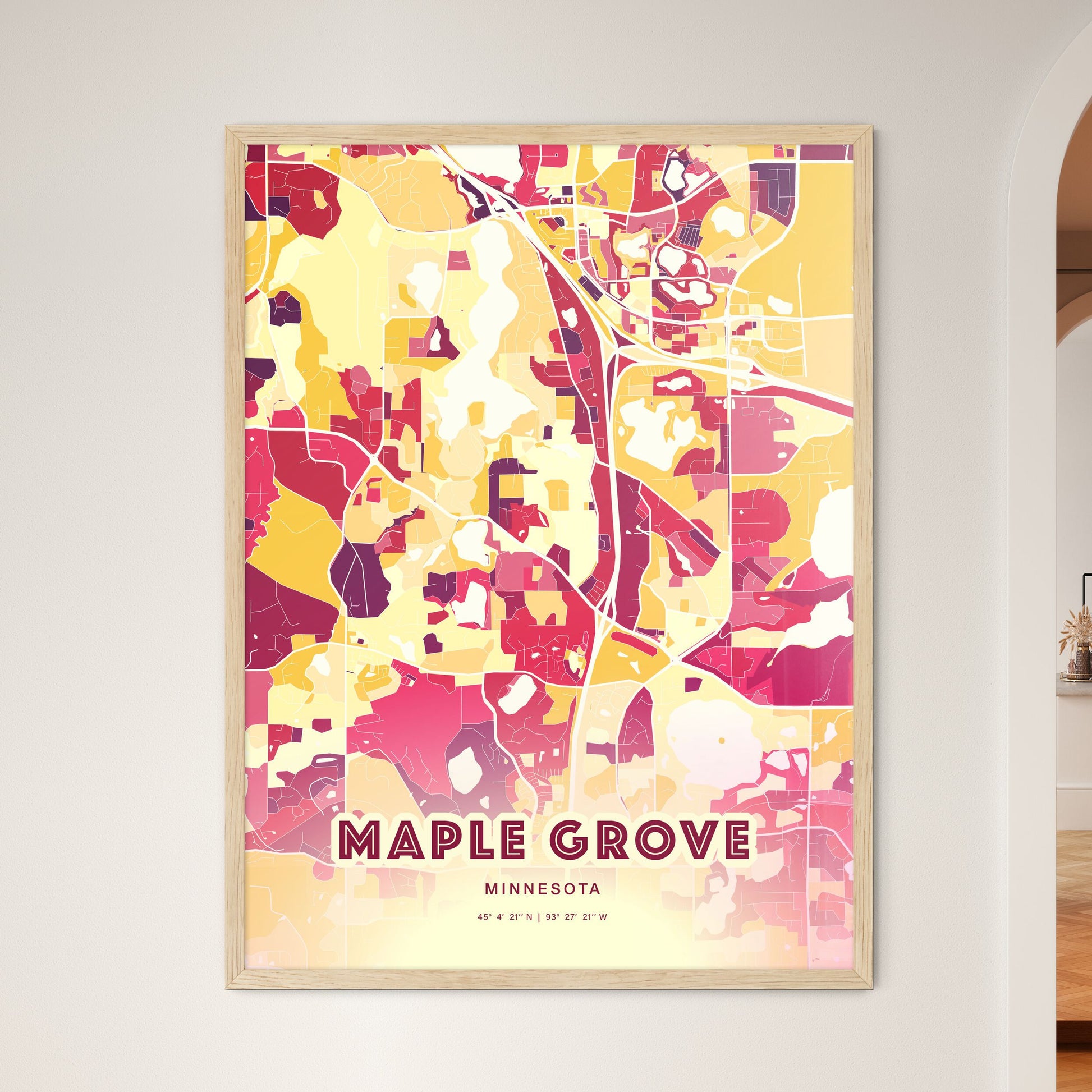 Colorful MAPLE GROVE MINNESOTA Fine Art Map Hot Red