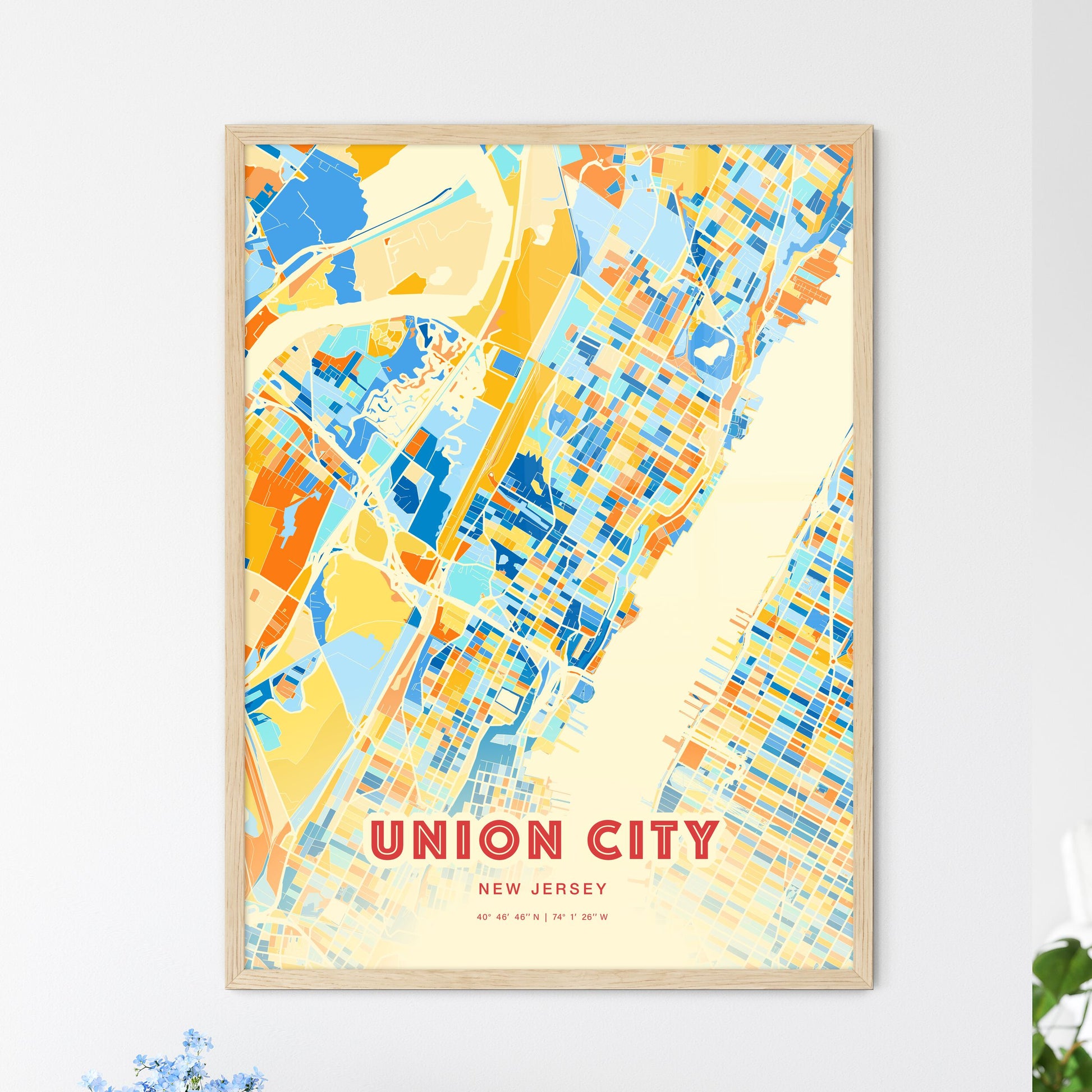 Colorful Union City New Jersey Fine Art Map Blue Orange