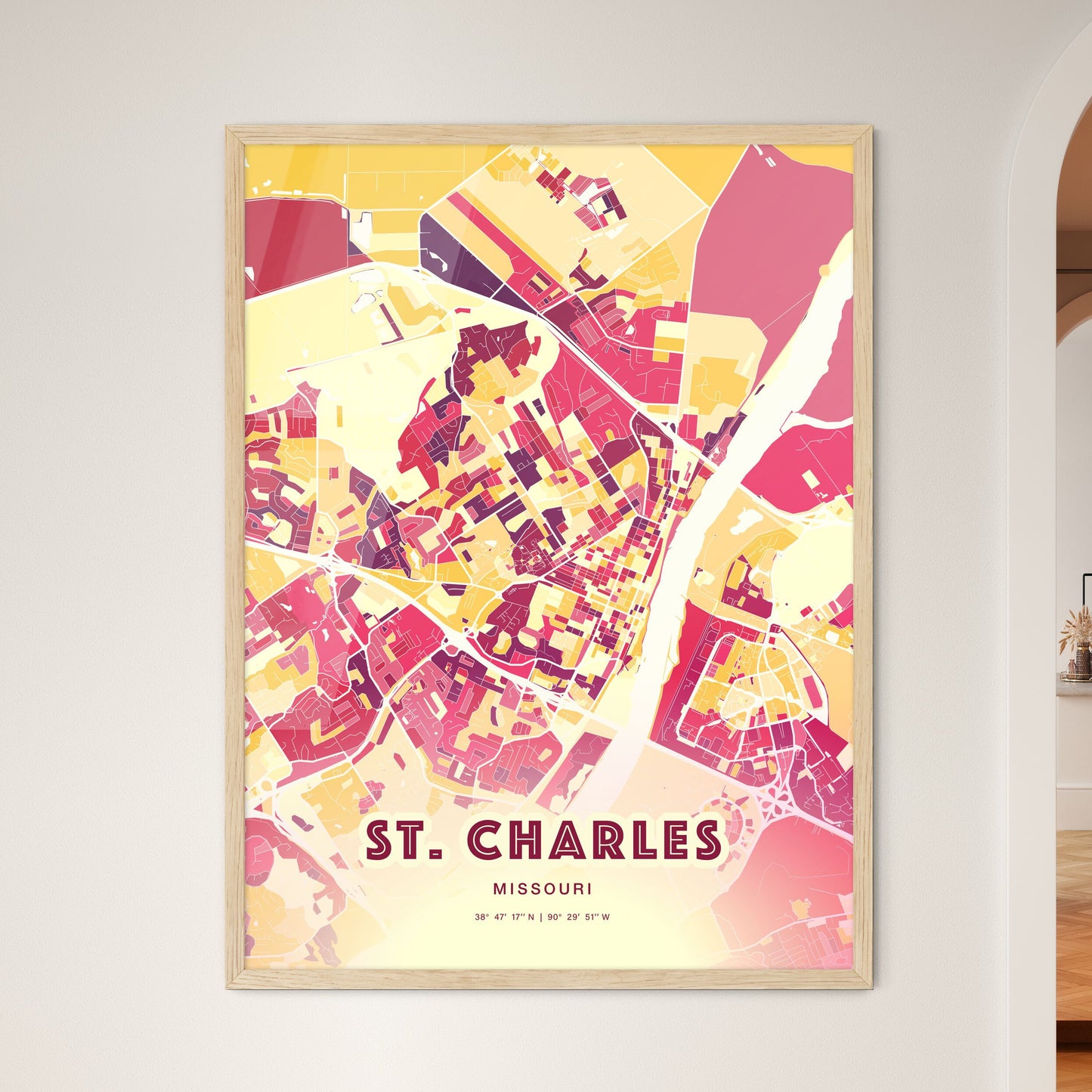 Colorful ST. CHARLES MISSOURI Fine Art Map Hot Red