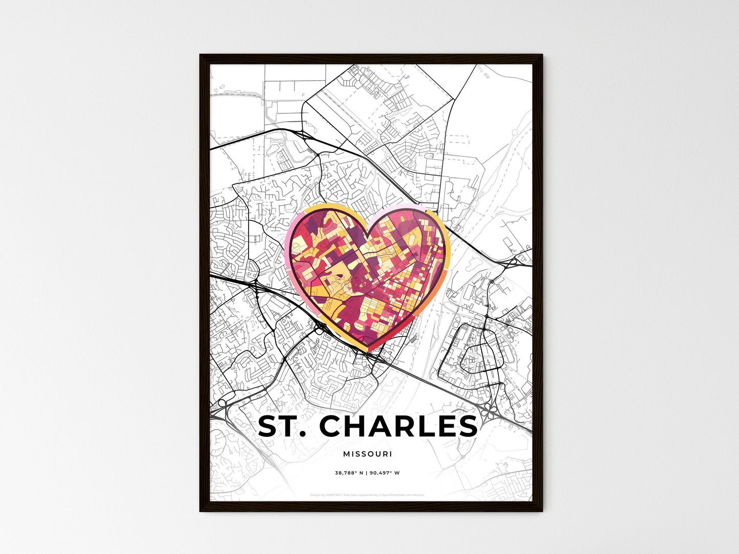 St. Charles Missouri wedding art map with heart icon