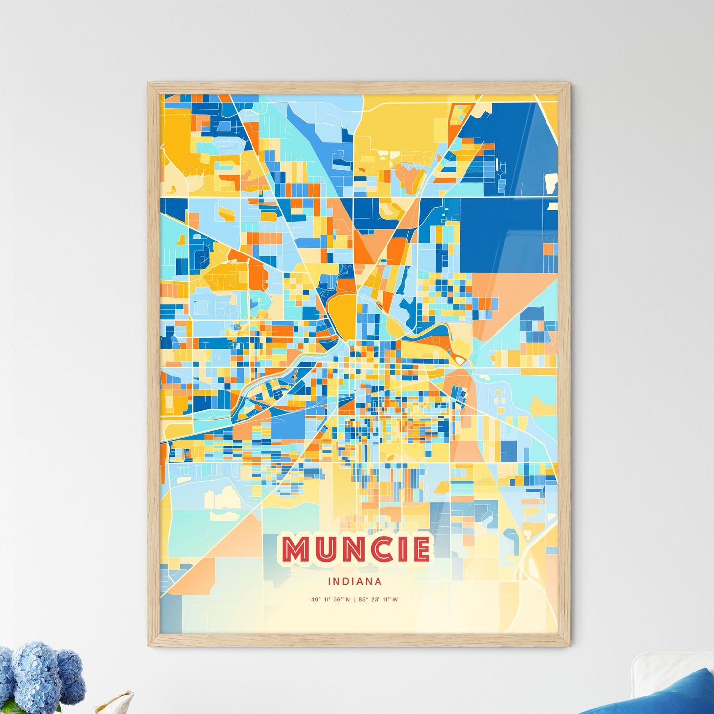 Colorful Muncie Indiana Fine Art Map Blue Orange