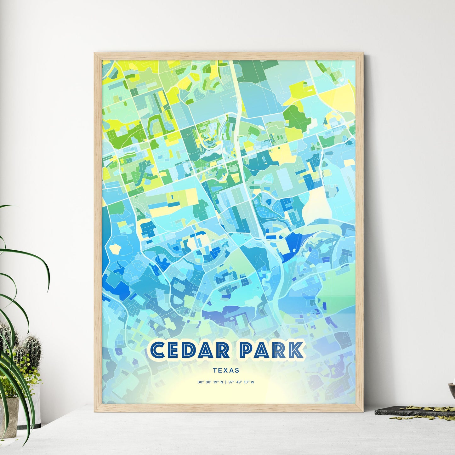 Colorful CEDAR PARK TEXAS Fine Art Map Cool Blue