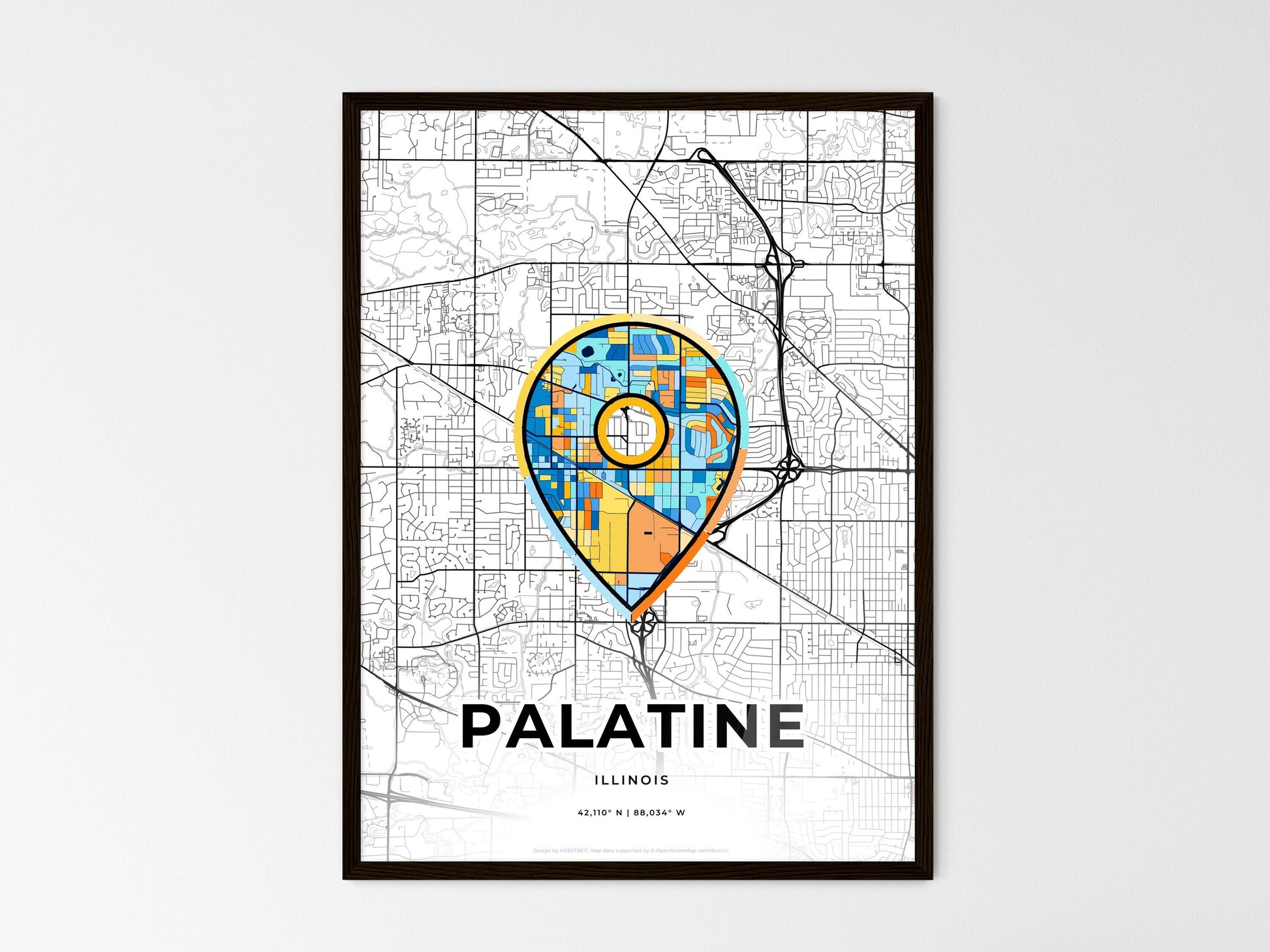 Palatine Illinois wedding art map with pointer icon