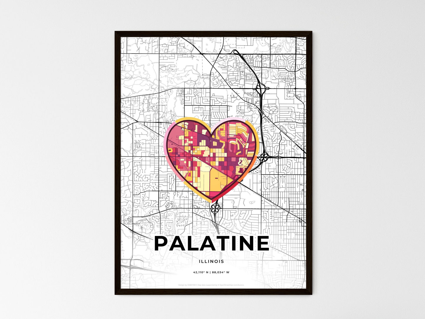 Palatine Illinois wedding art map with heart icon