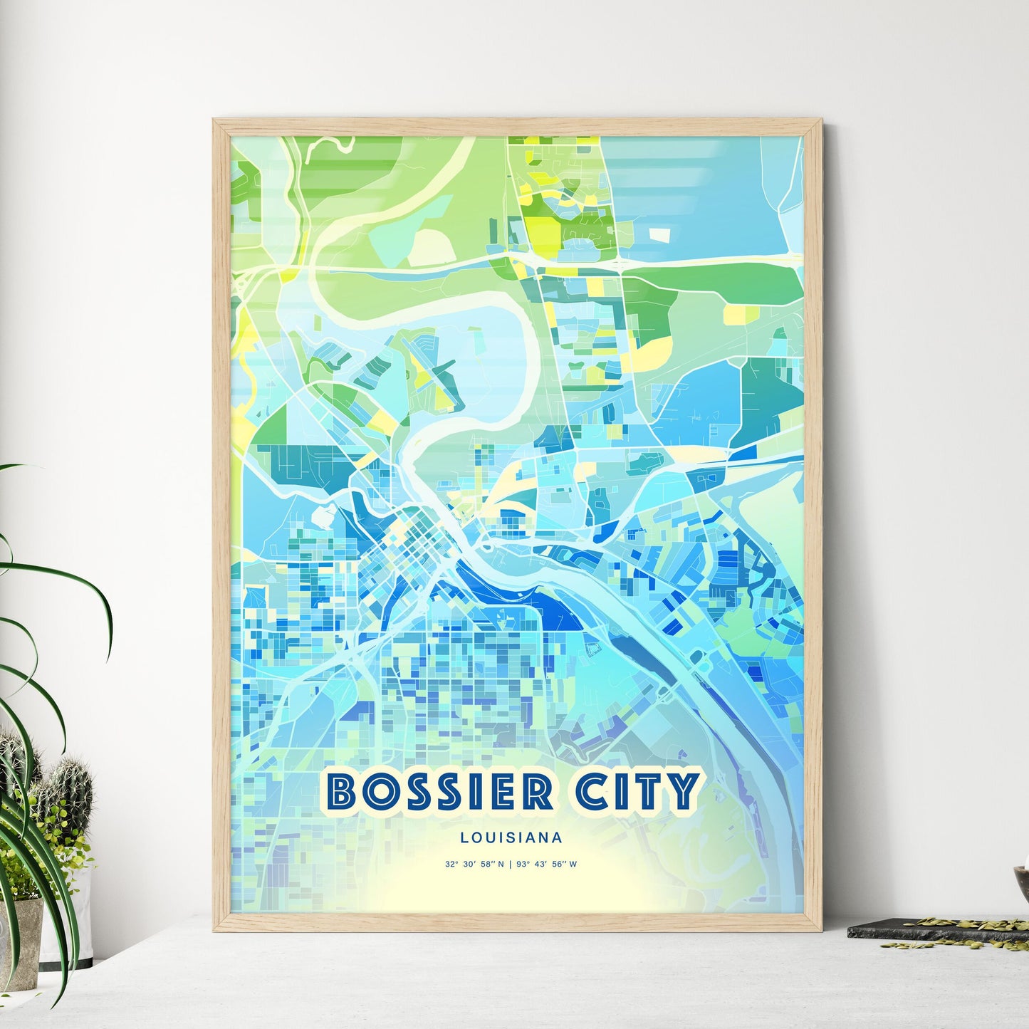 Colorful BOSSIER CITY LOUISIANA Fine Art Map Cool Blue