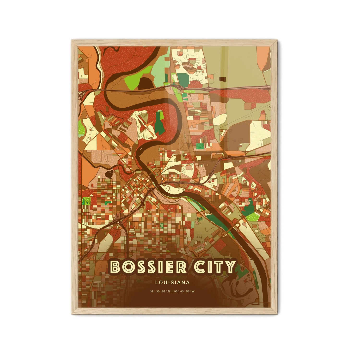 Colorful BOSSIER CITY LOUISIANA Fine Art Map Farmhouse