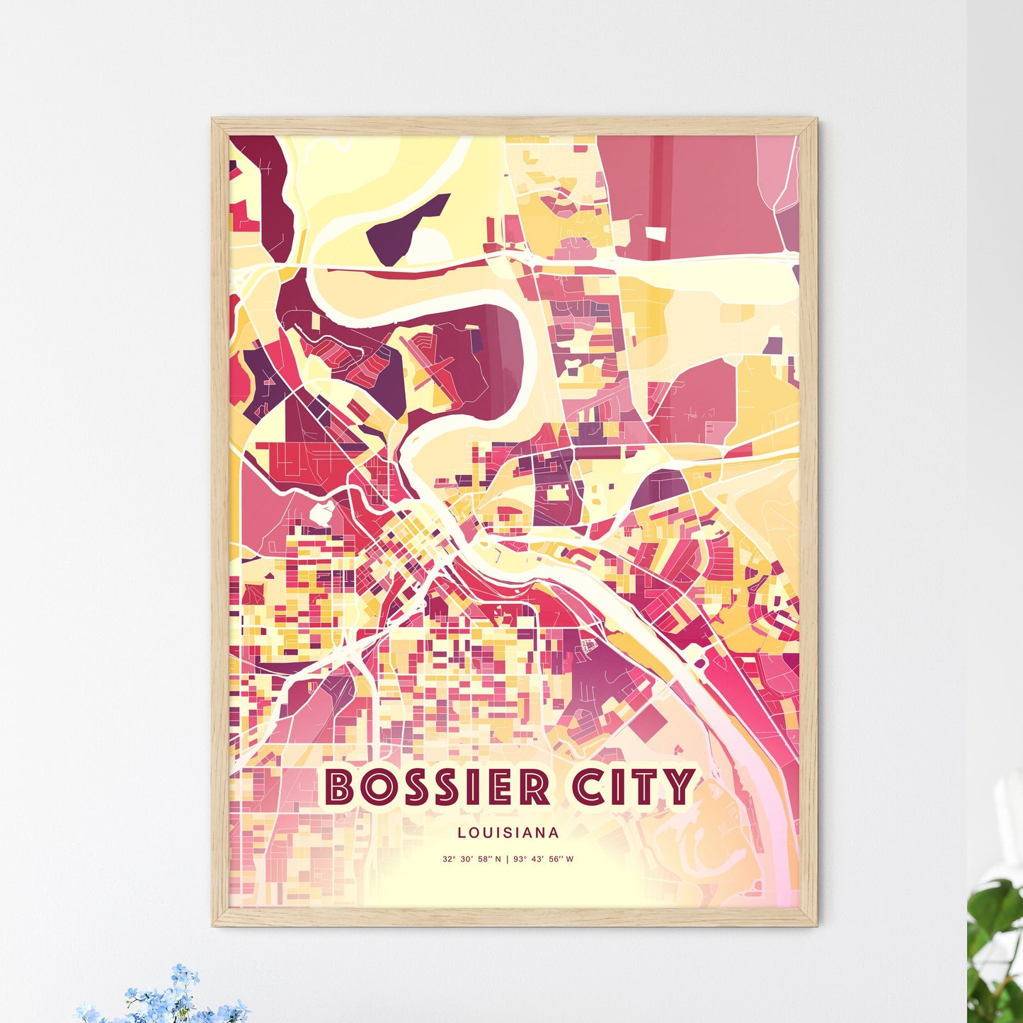 Colorful BOSSIER CITY LOUISIANA Fine Art Map Hot Red