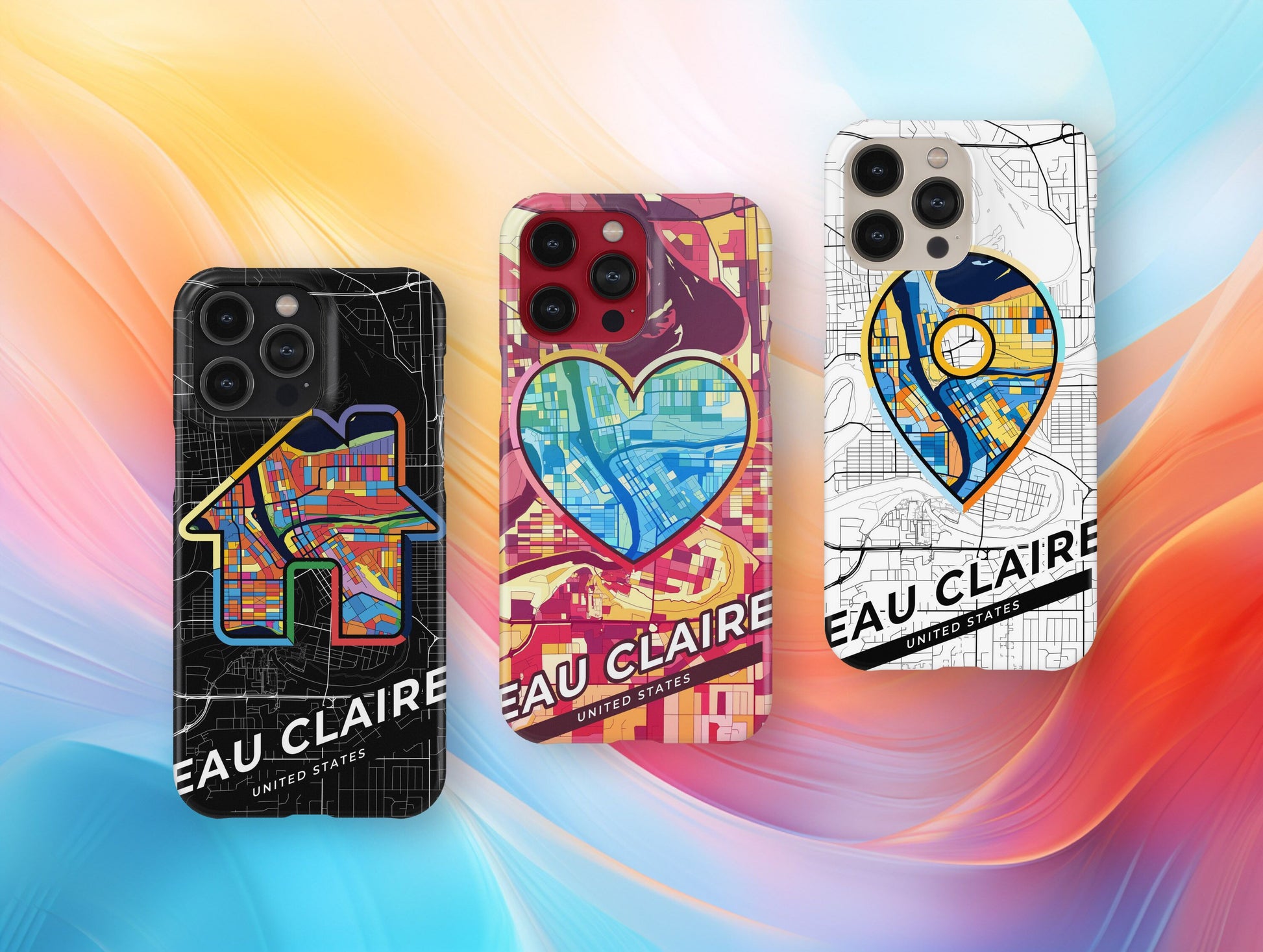 Eau Claire Wisconsin slim phone case with colorful icon. Birthday, wedding or housewarming gift. Couple match cases.