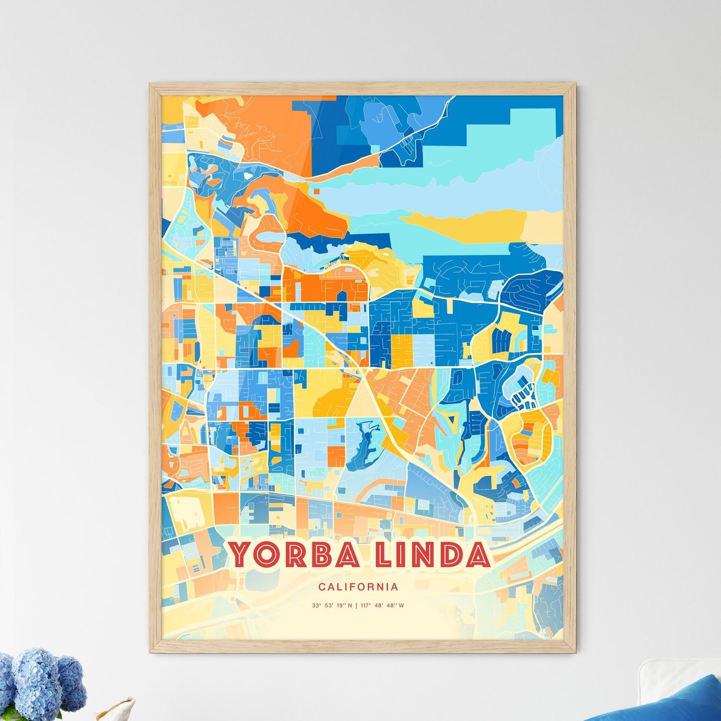 Colorful YORBA LINDA CALIFORNIA Fine Art Map Blue Orange