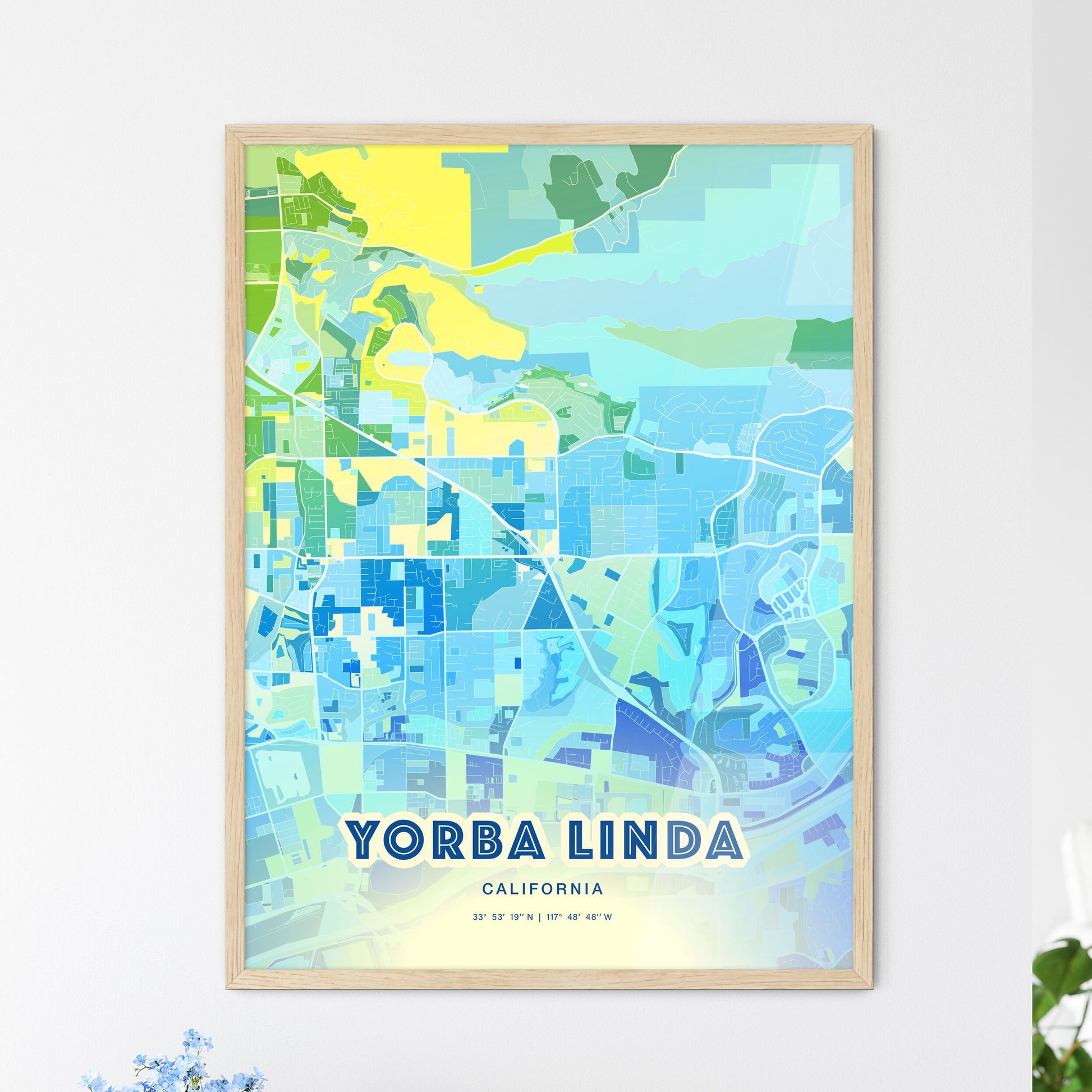 Colorful YORBA LINDA CALIFORNIA Fine Art Map Cool Blue