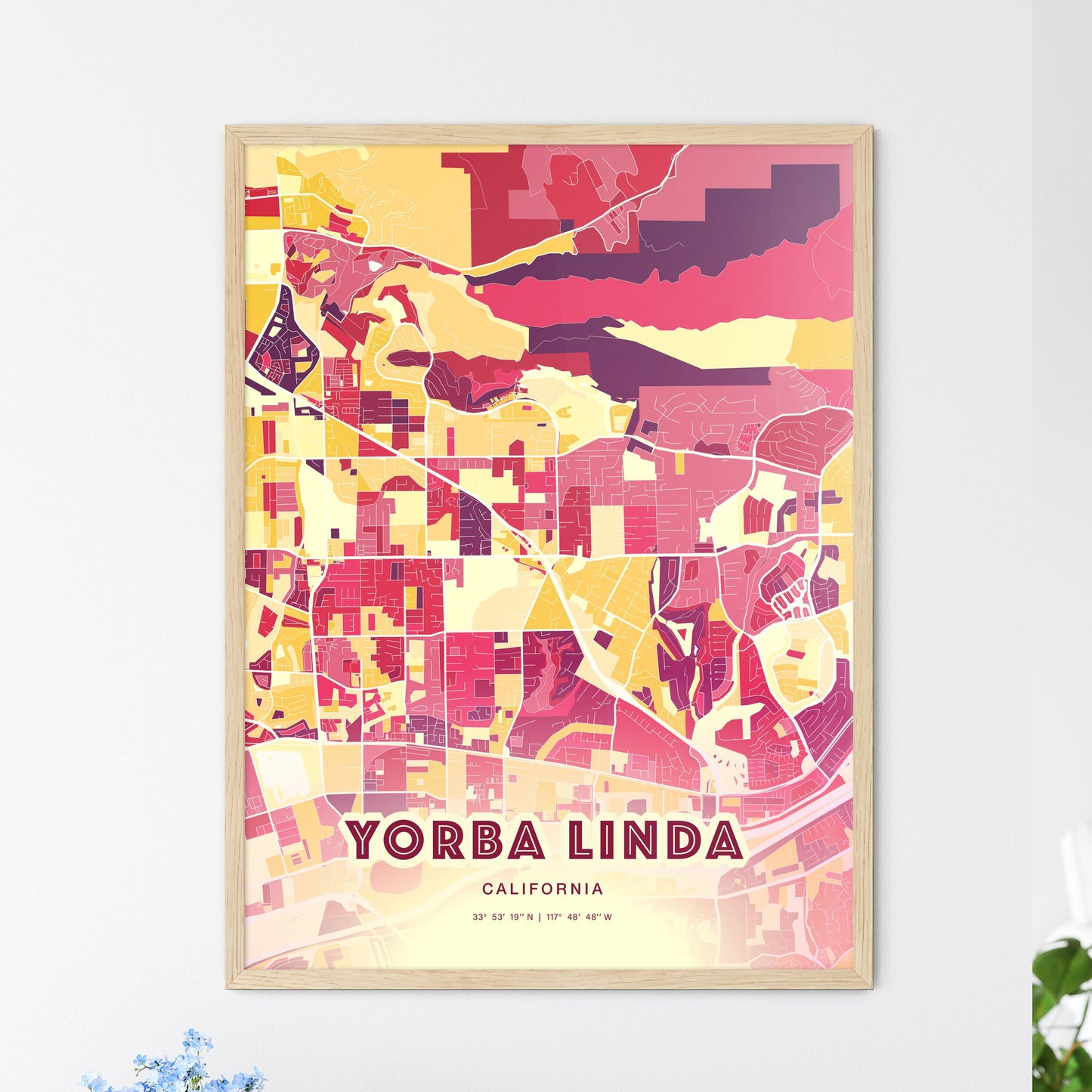 Colorful YORBA LINDA CALIFORNIA Fine Art Map Hot Red