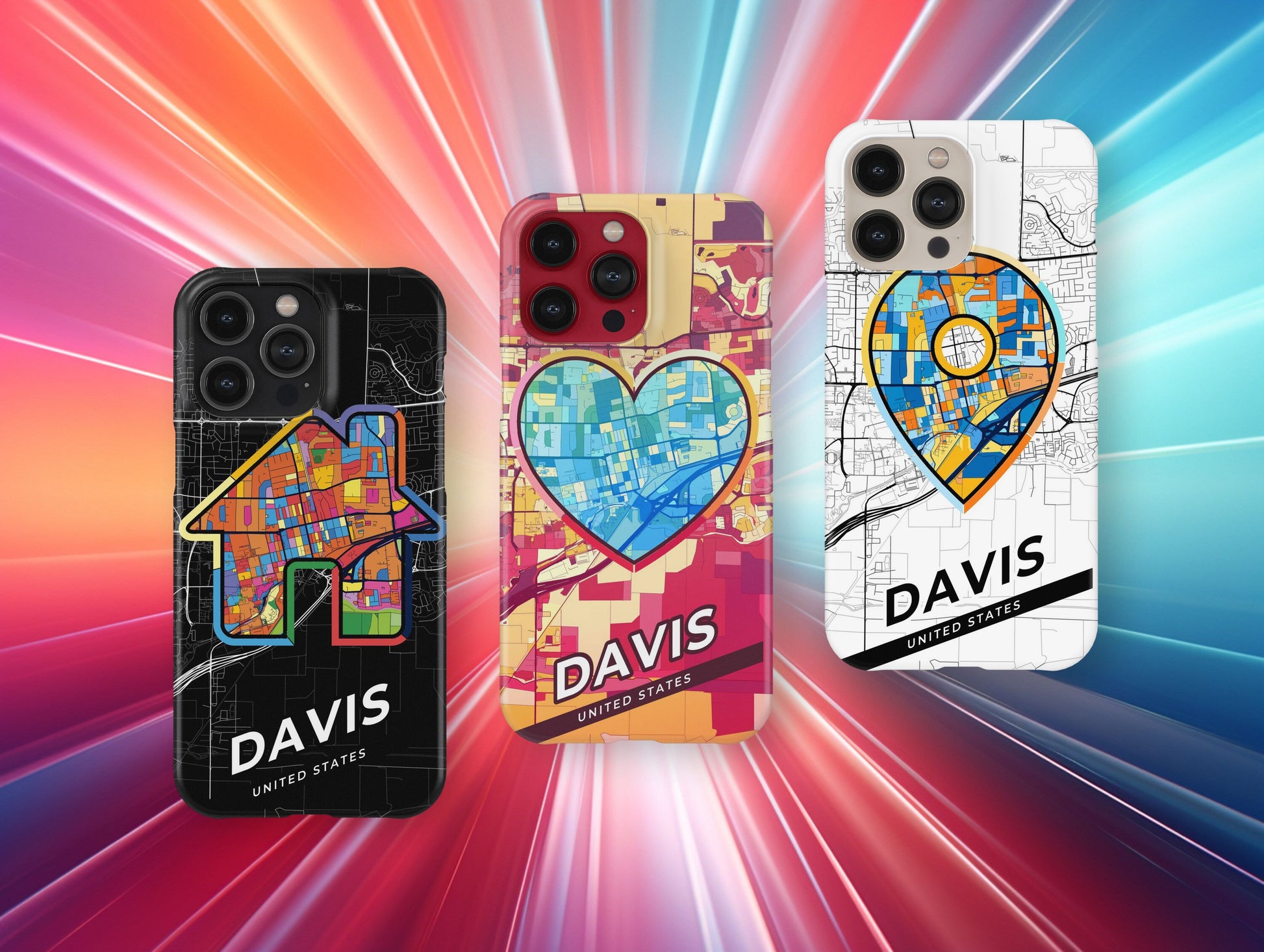 Davis California slim phone case with colorful icon. Birthday, wedding or housewarming gift. Couple match cases.