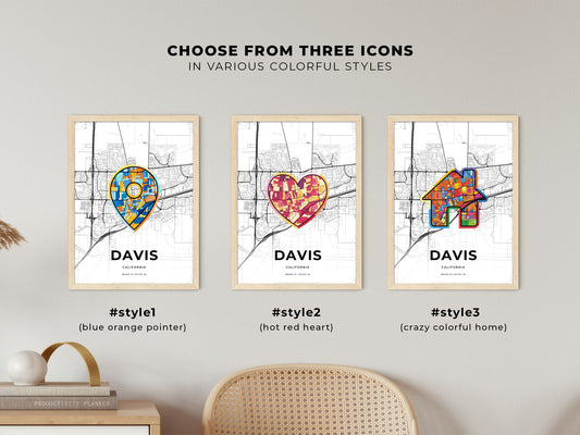 Davis California maps with colorful icons