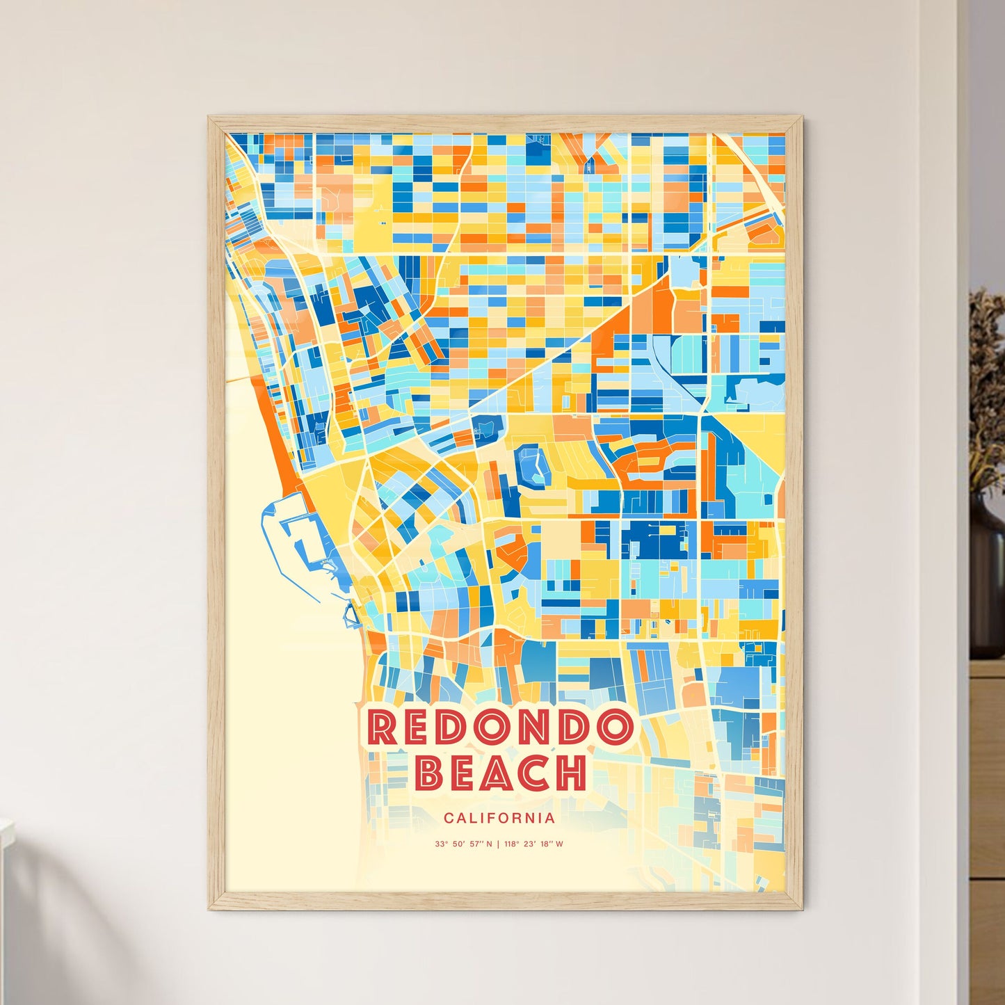 Colorful Redondo Beach California Fine Art Map Blue Orange