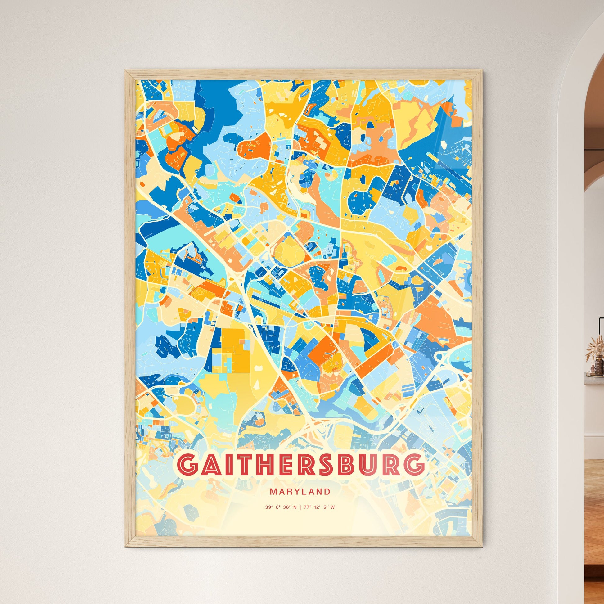 Colorful GAITHERSBURG MARYLAND Fine Art Map Blue Orange