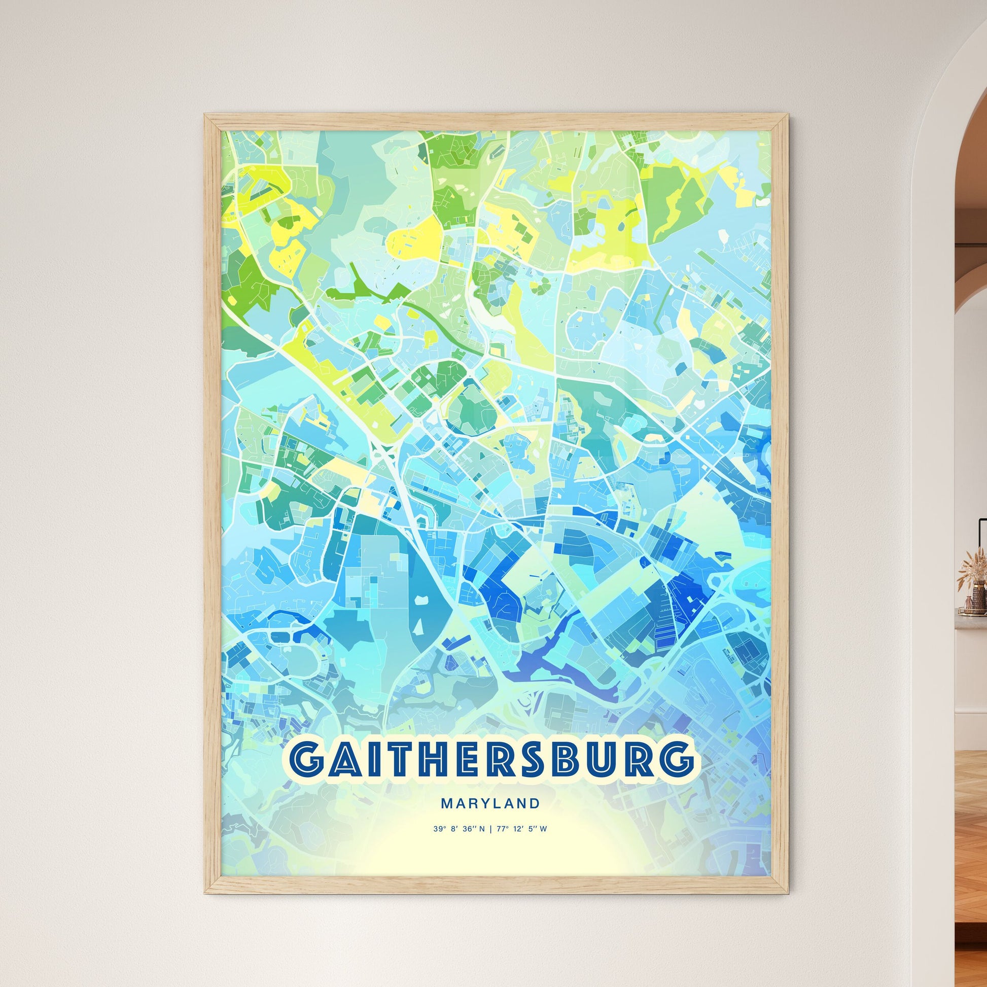 Colorful GAITHERSBURG MARYLAND Fine Art Map Cool Blue