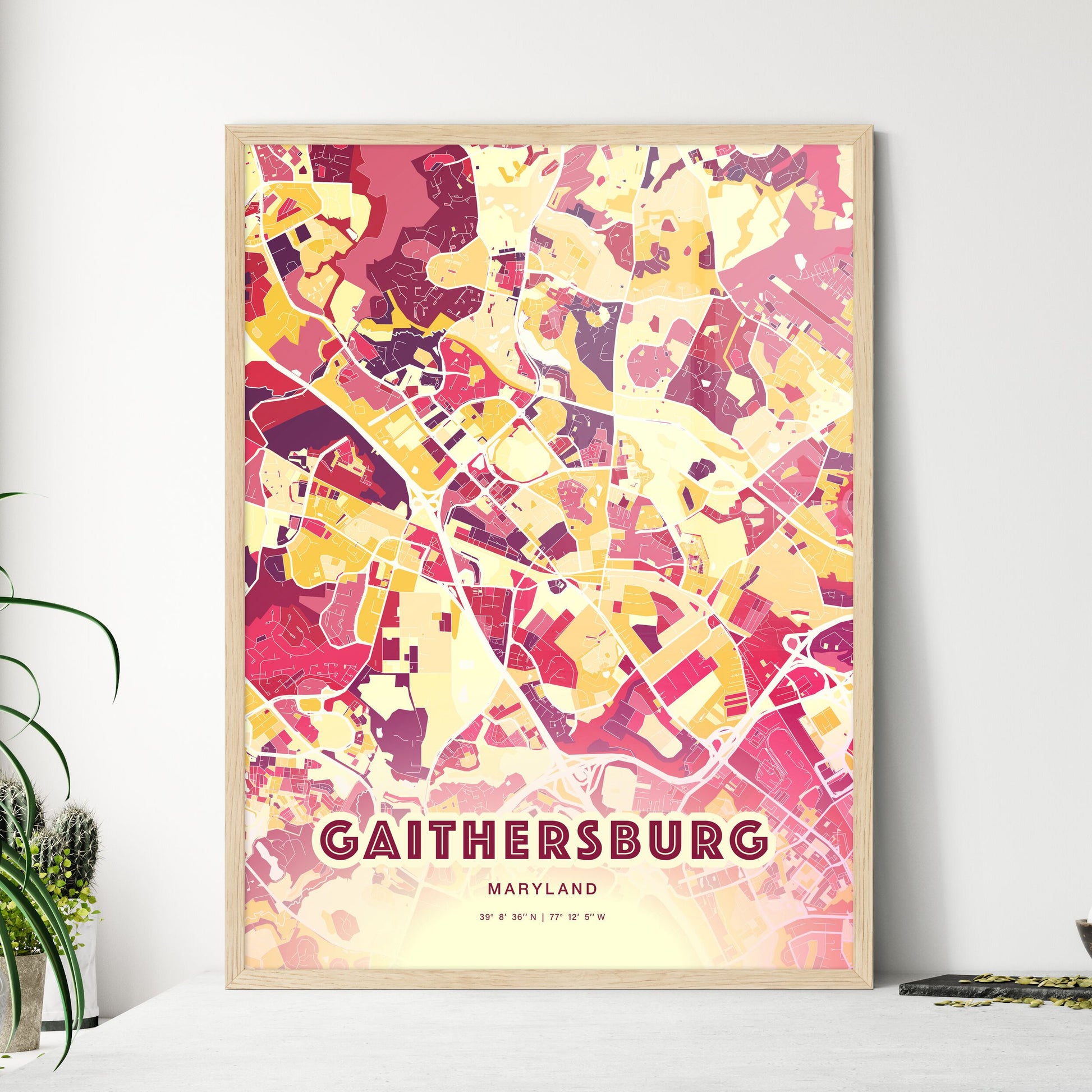 Colorful GAITHERSBURG MARYLAND Fine Art Map Hot Red