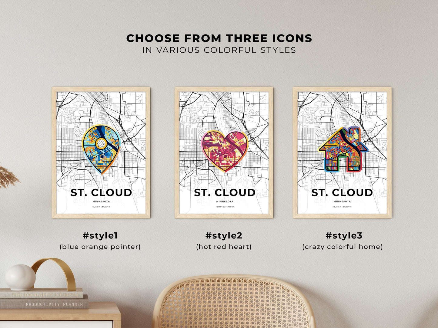 ST. CLOUD MINNESOTA minimal art map with a colorful icon. Where it all began, Couple map gift.