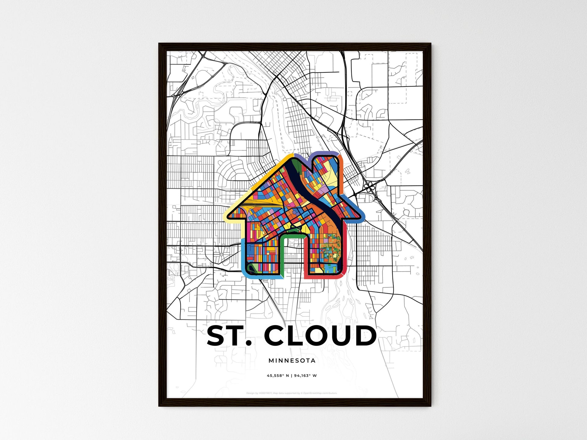 ST. CLOUD MINNESOTA minimal art map with a colorful icon. Where it all began, Couple map gift. Style 3