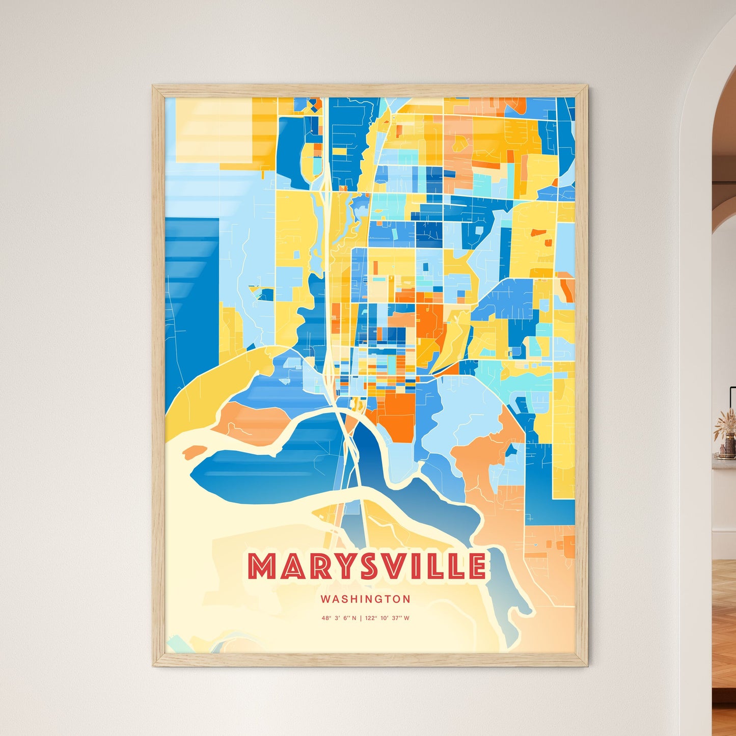 Colorful MARYSVILLE WASHINGTON Fine Art Map Blue Orange