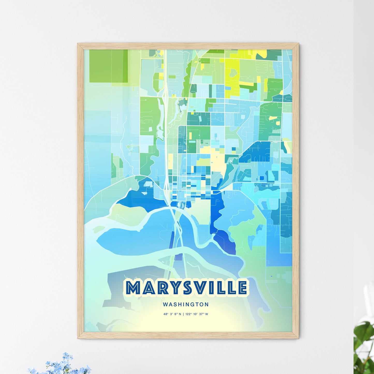 Colorful MARYSVILLE WASHINGTON Fine Art Map Cool Blue