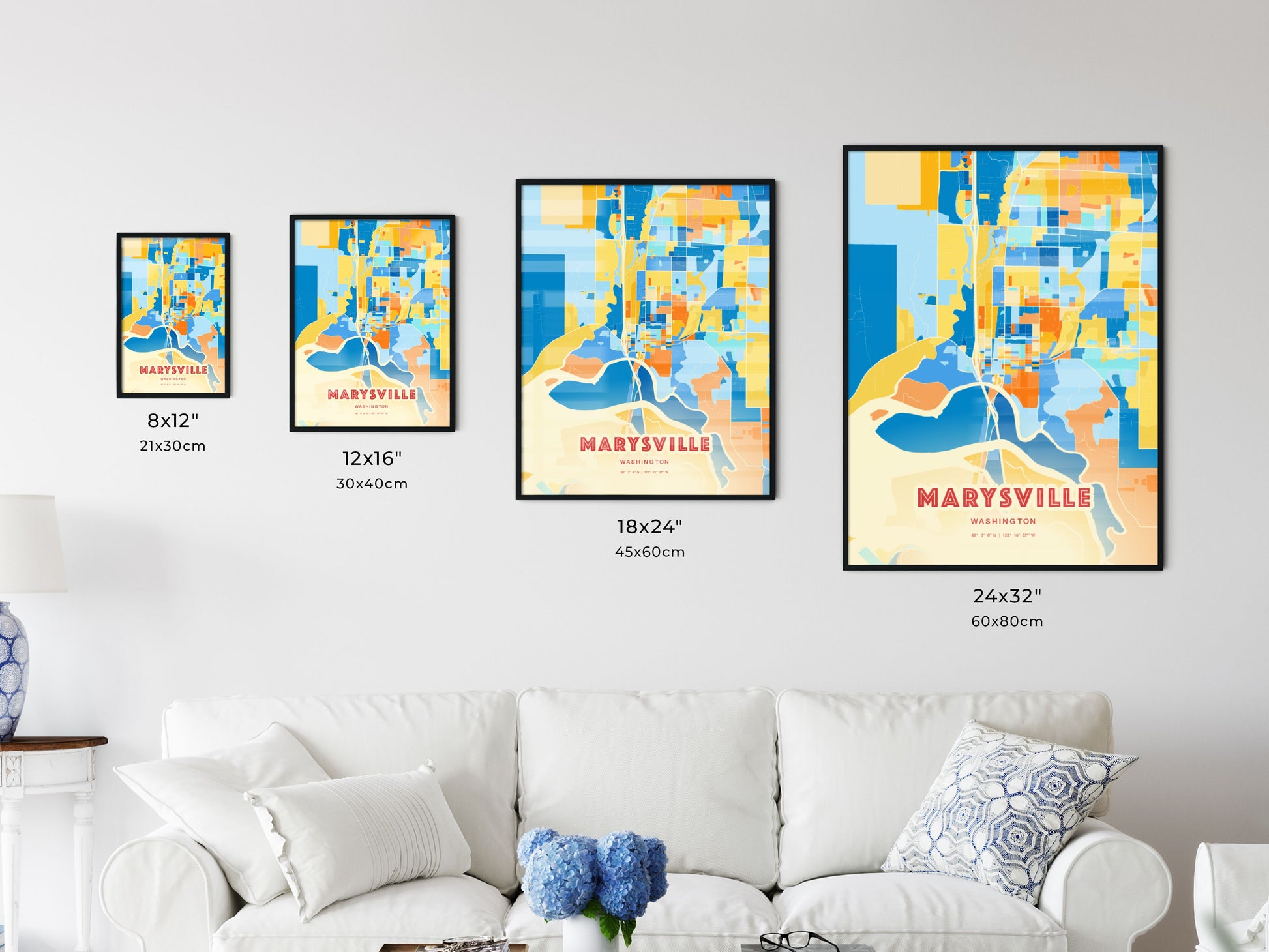 Colorful MARYSVILLE WASHINGTON Fine Art Map Blue Orange