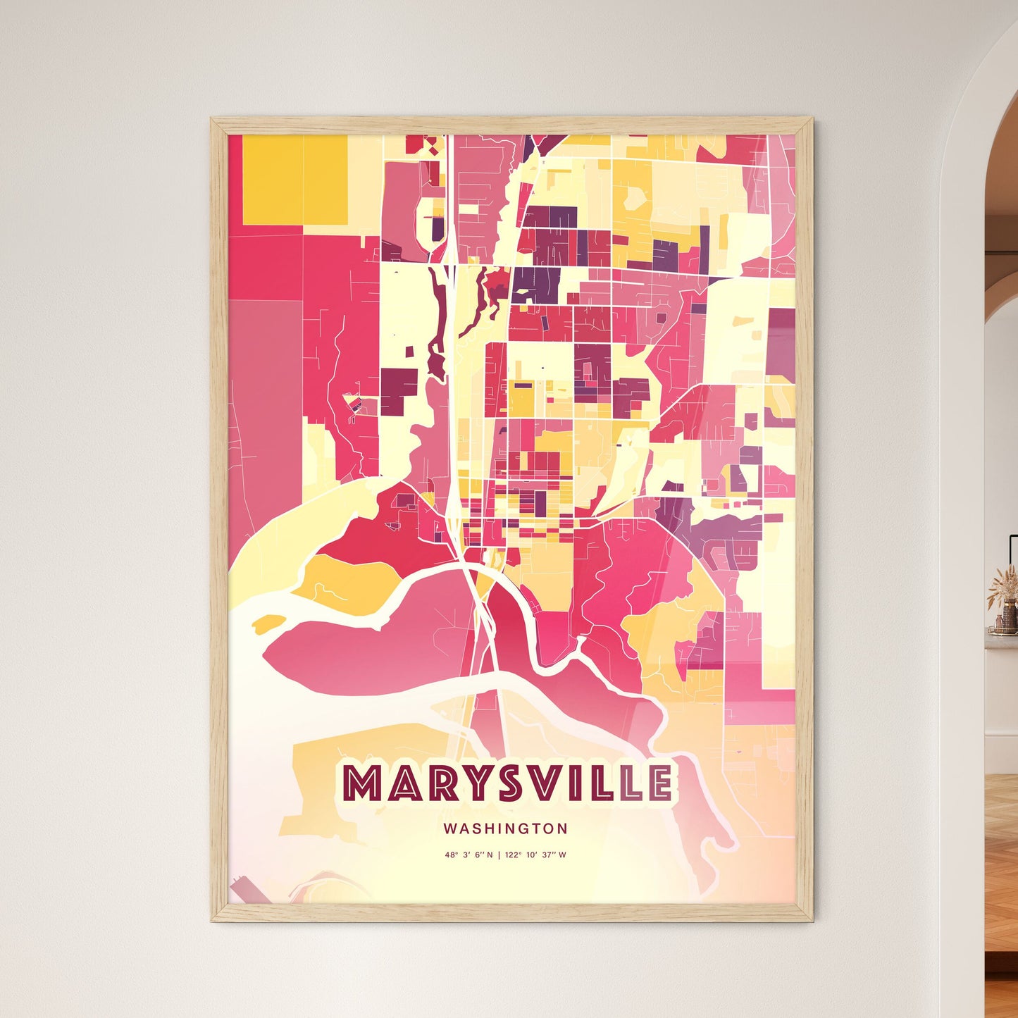 Colorful MARYSVILLE WASHINGTON Fine Art Map Hot Red