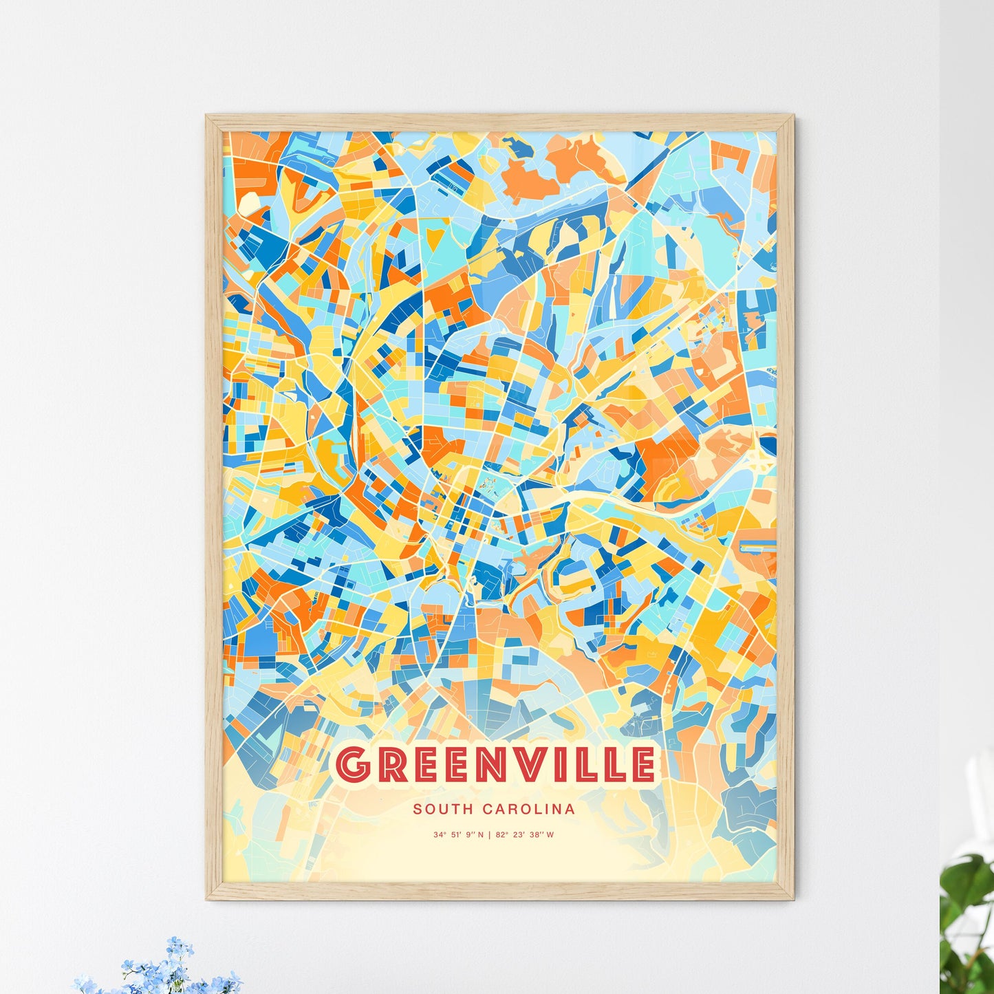 Colorful Greenville South Carolina Fine Art Map Blue Orange