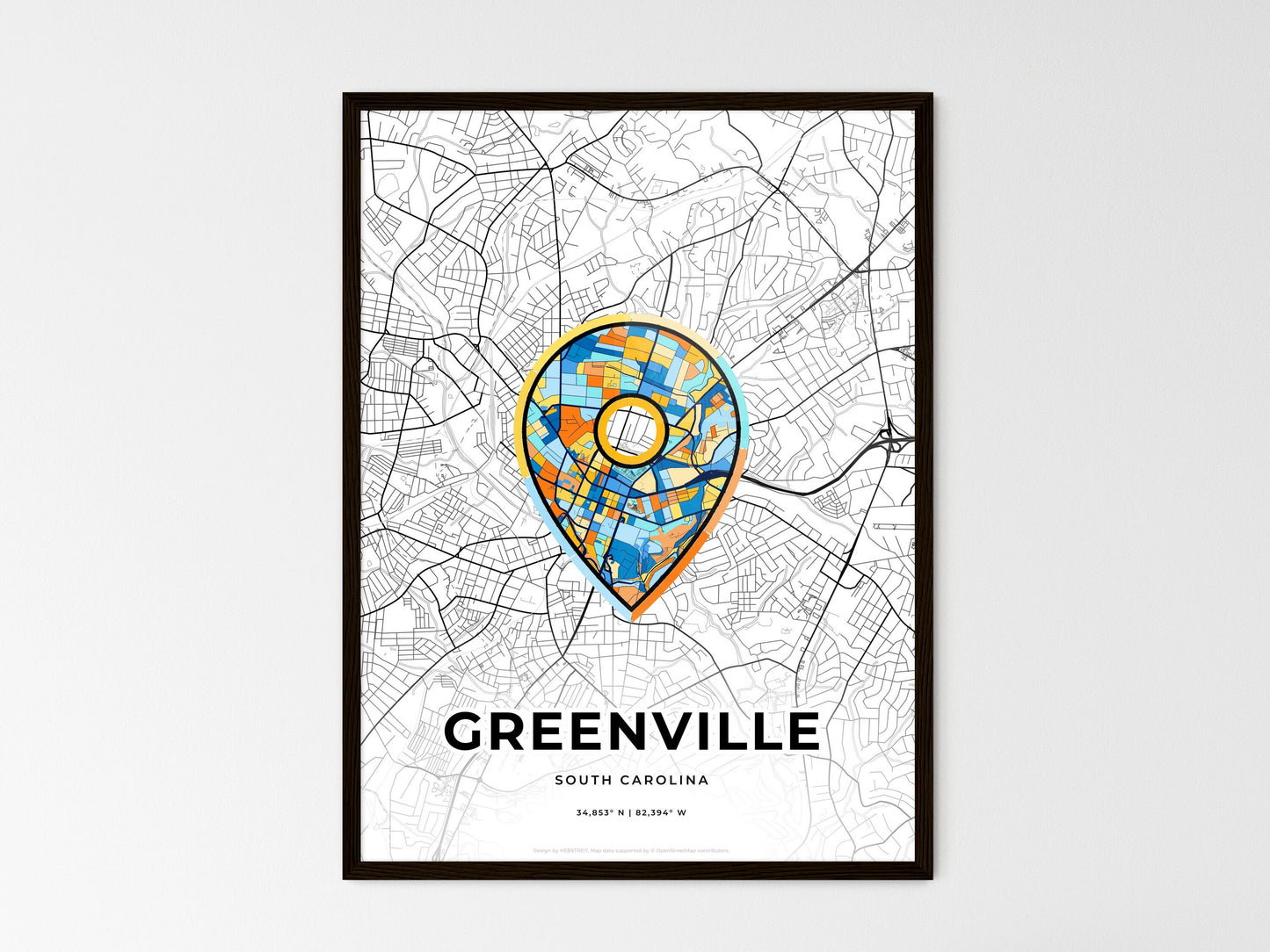 Greenville South Carolina wedding art map with pointer icon