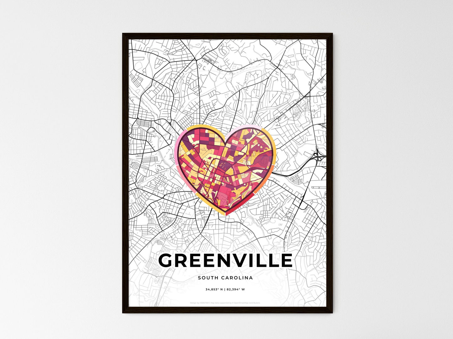 Greenville South Carolina wedding art map with heart icon