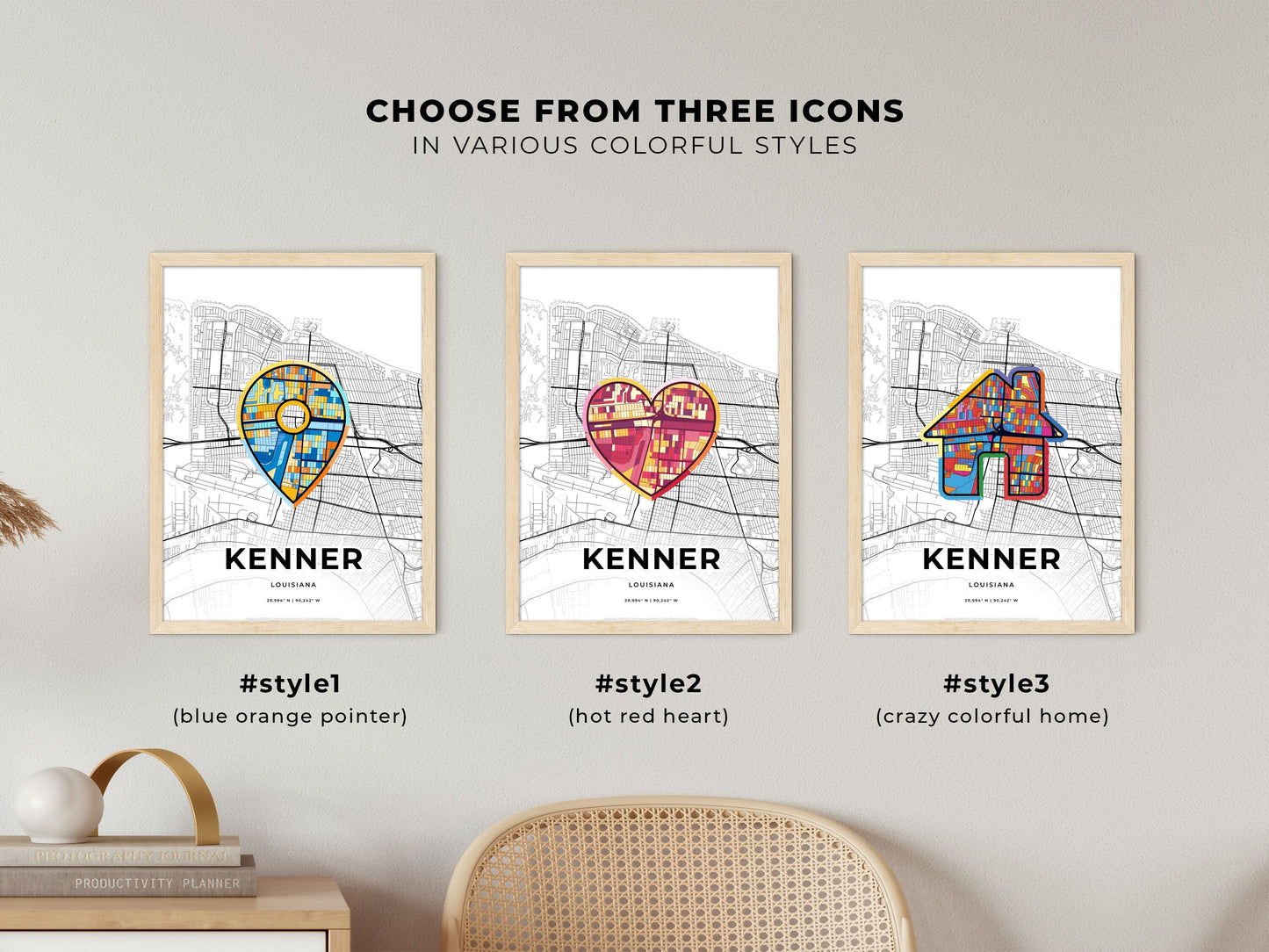 KENNER LOUISIANA minimal art map with a colorful icon. Where it all began, Couple map gift.