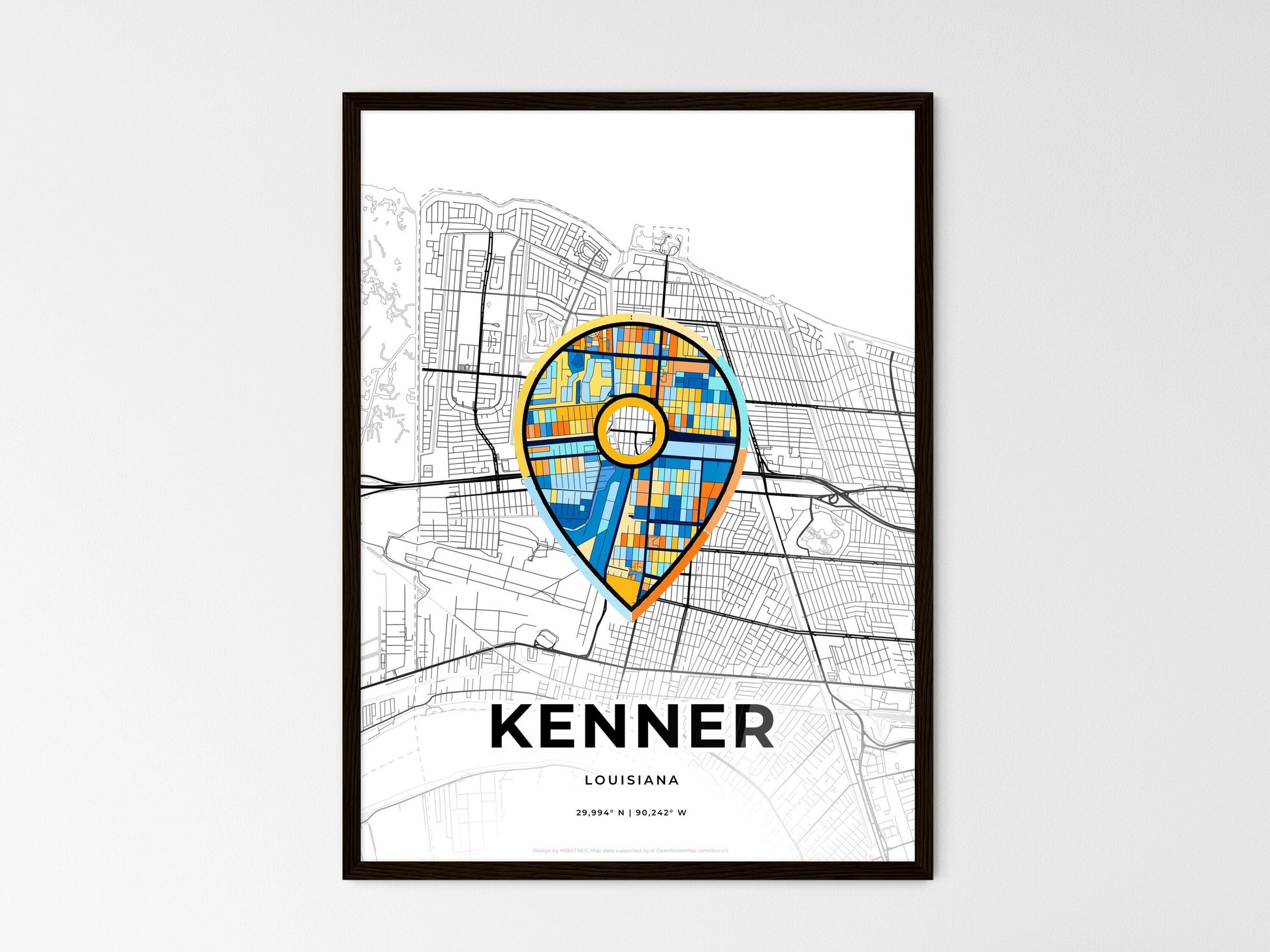KENNER LOUISIANA minimal art map with a colorful icon. Where it all began, Couple map gift. Style 1
