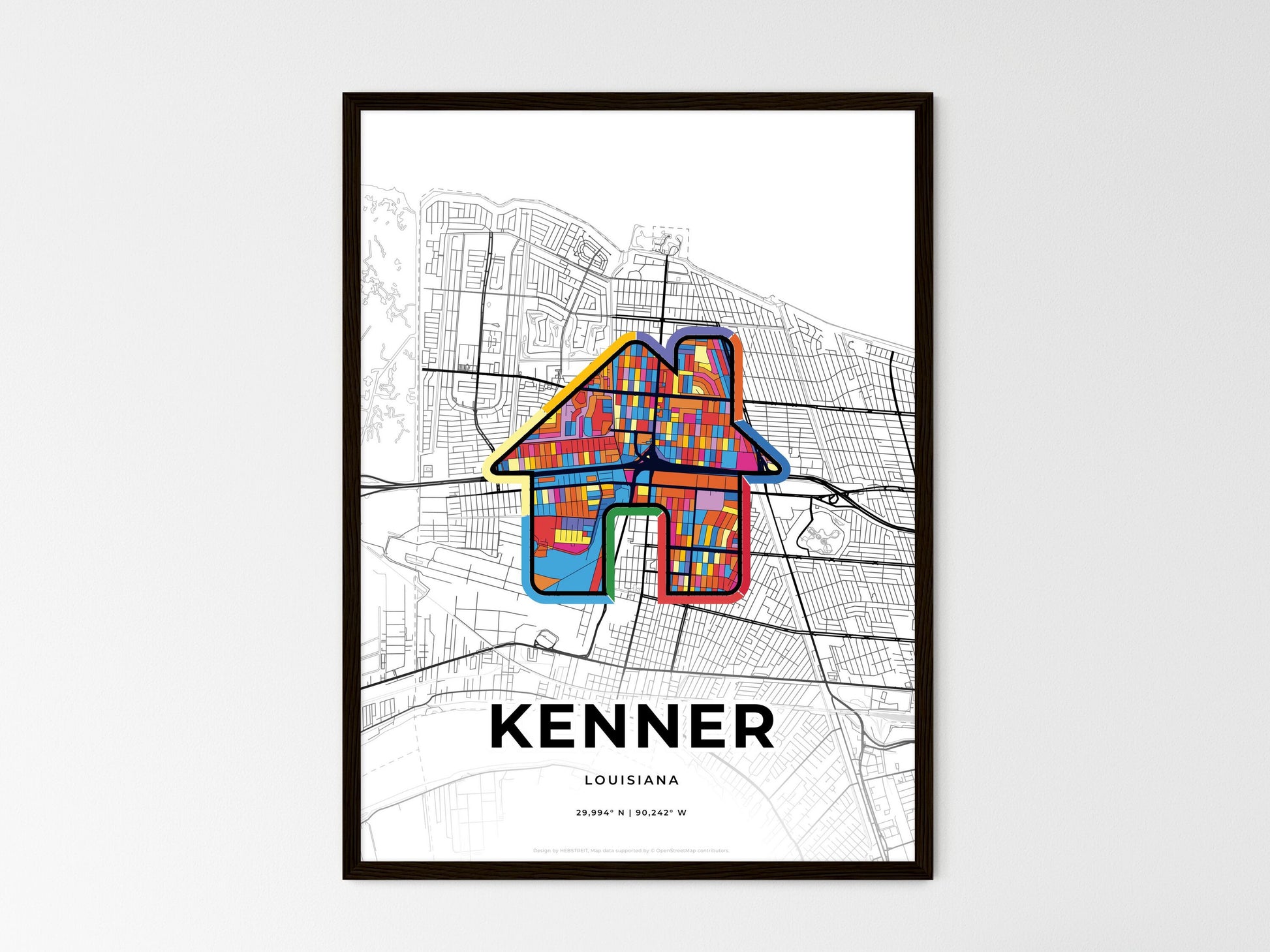 KENNER LOUISIANA minimal art map with a colorful icon. Where it all began, Couple map gift. Style 3