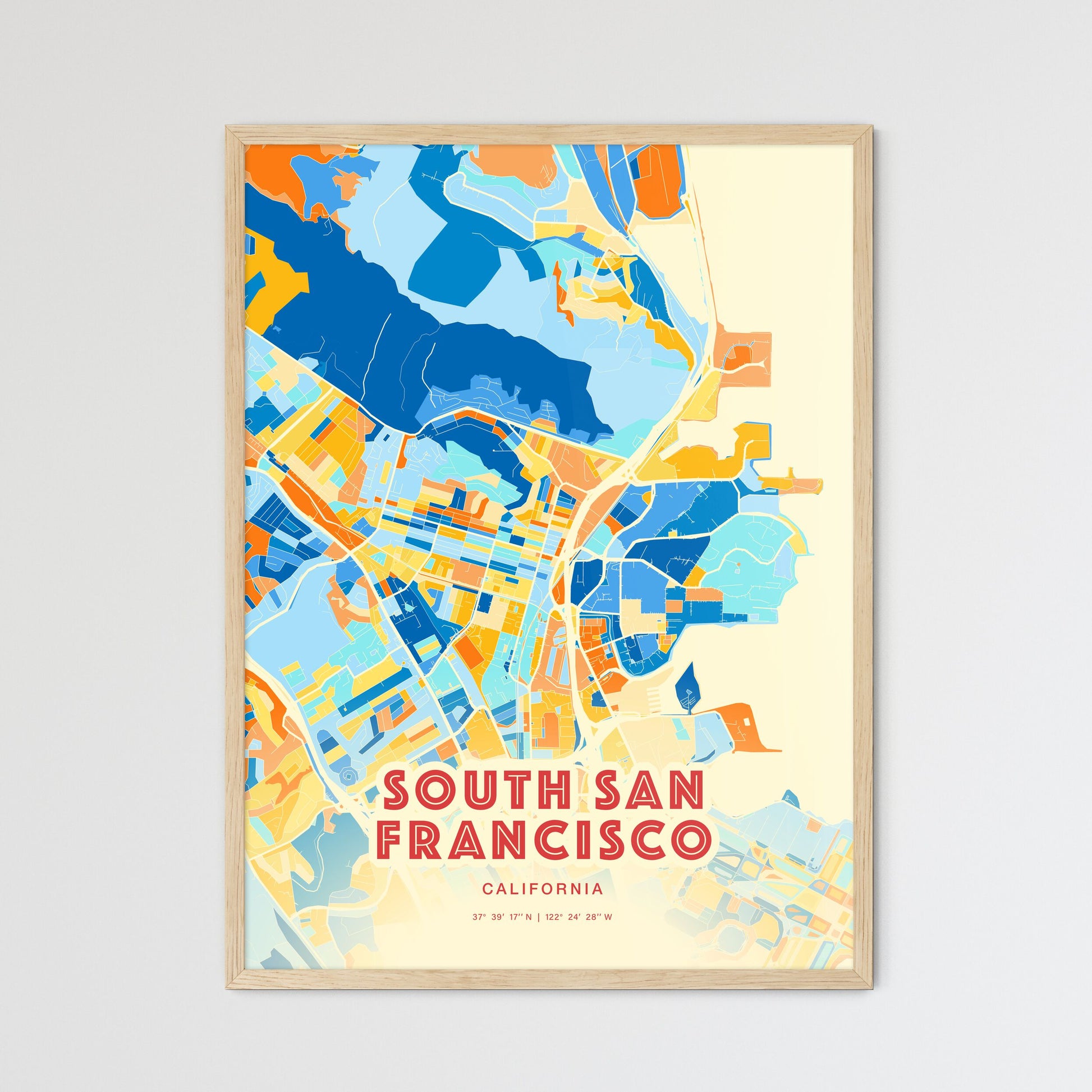 Colorful SOUTH SAN FRANCISCO CALIFORNIA Fine Art Map Blue Orange