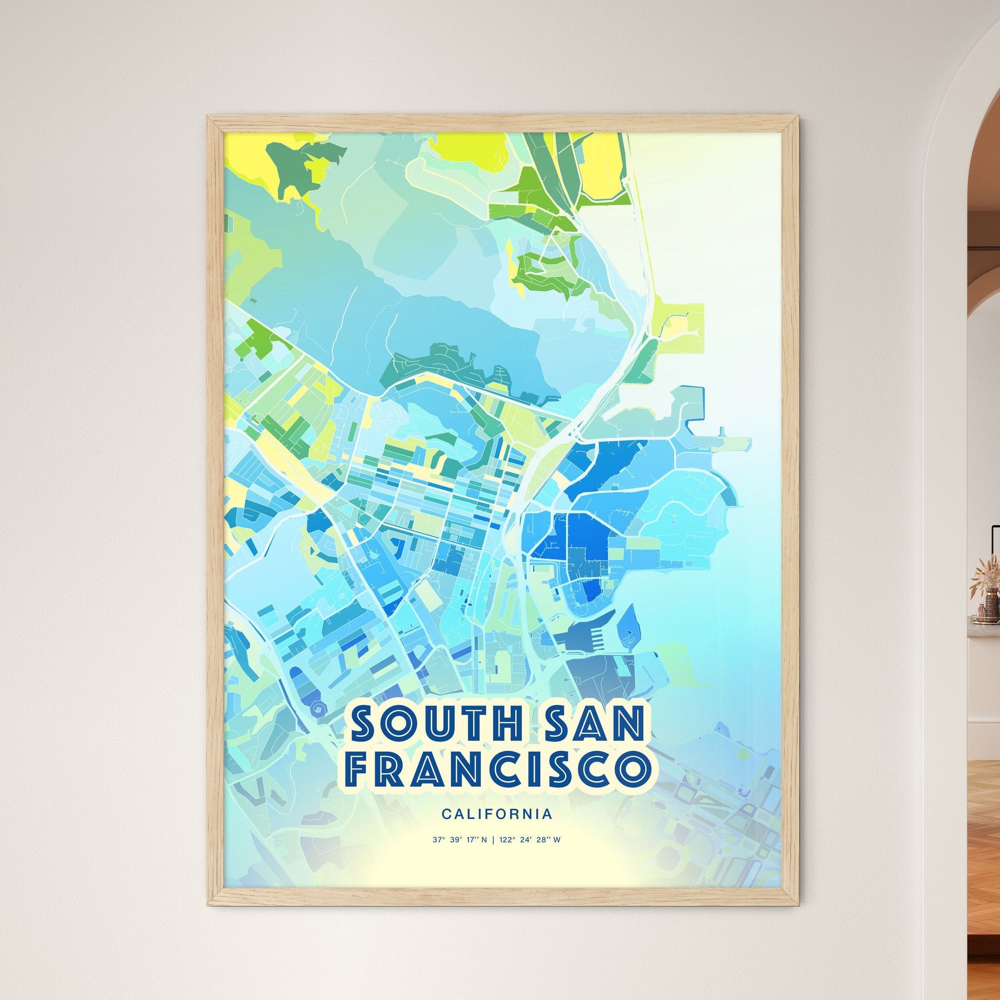 Colorful SOUTH SAN FRANCISCO CALIFORNIA Fine Art Map Cool Blue