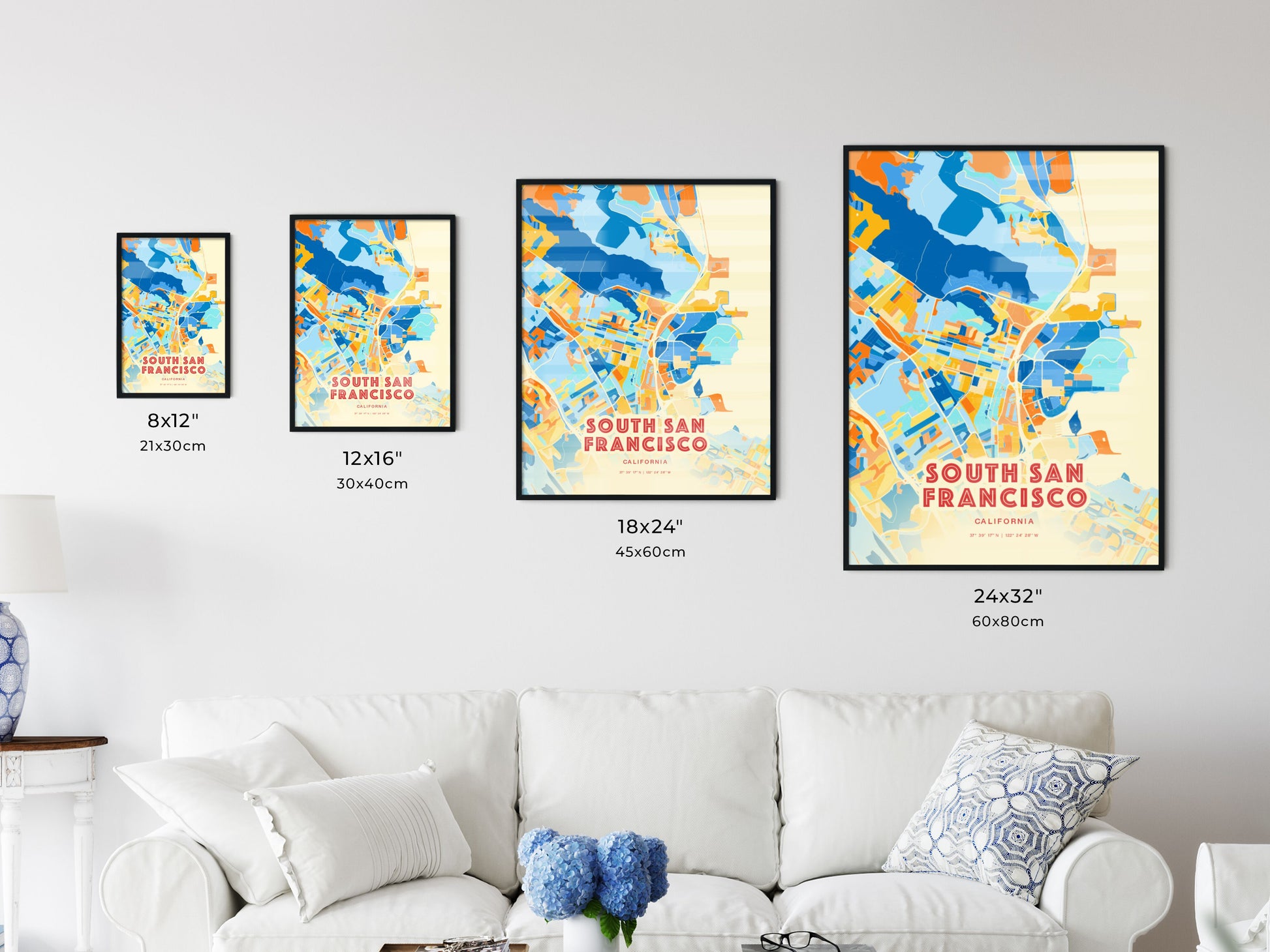 Colorful SOUTH SAN FRANCISCO CALIFORNIA Fine Art Map Blue Orange