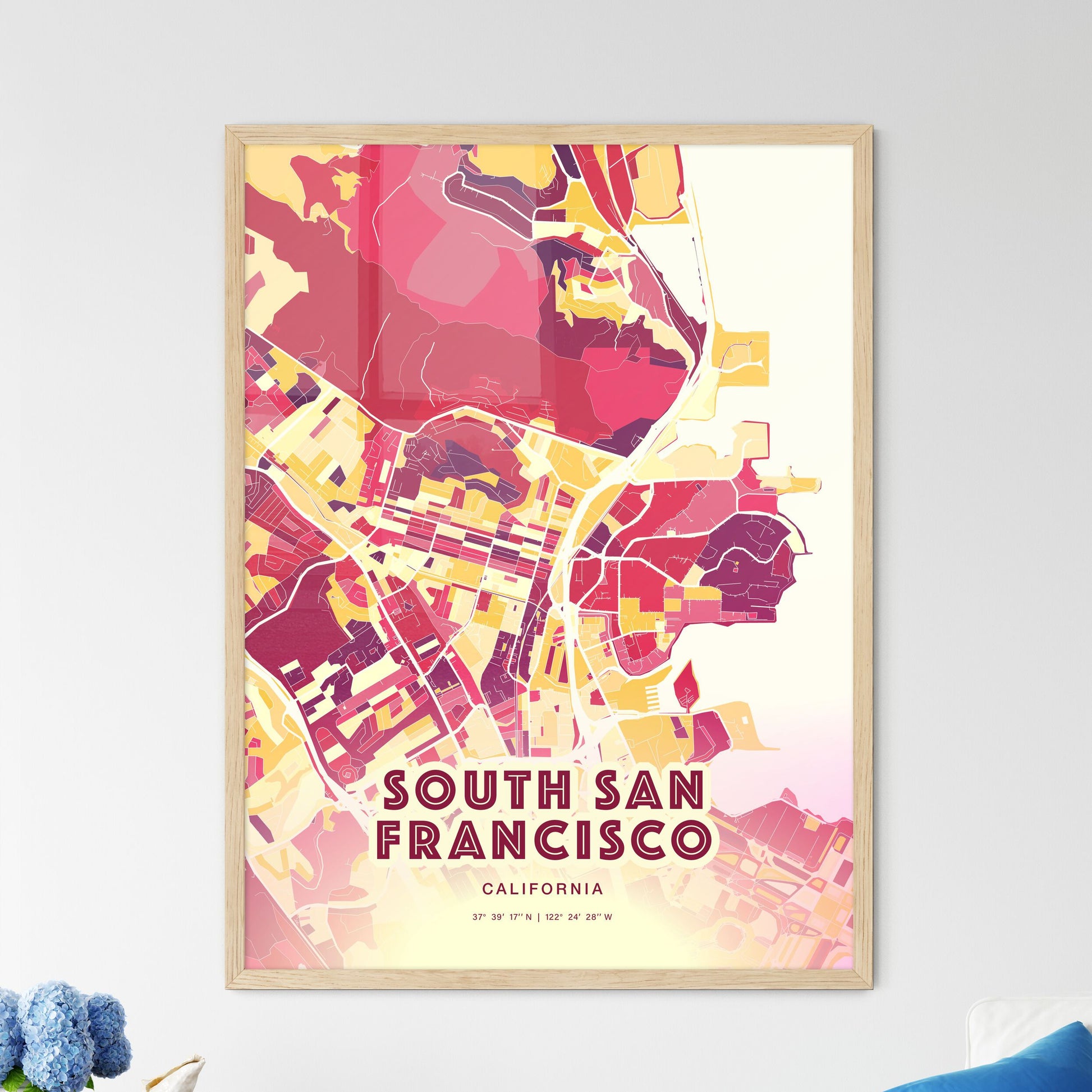 Colorful SOUTH SAN FRANCISCO CALIFORNIA Fine Art Map Hot Red