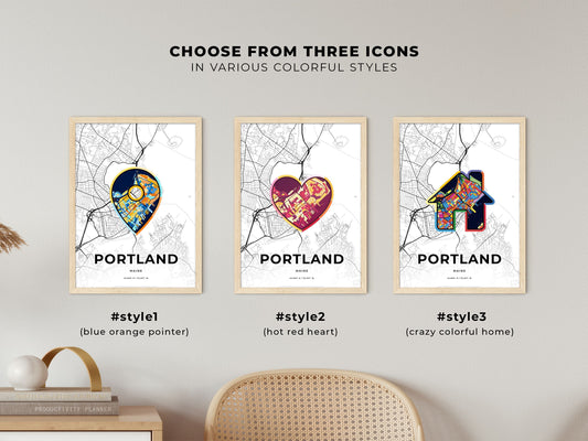 Portland Maine maps with colorful icons