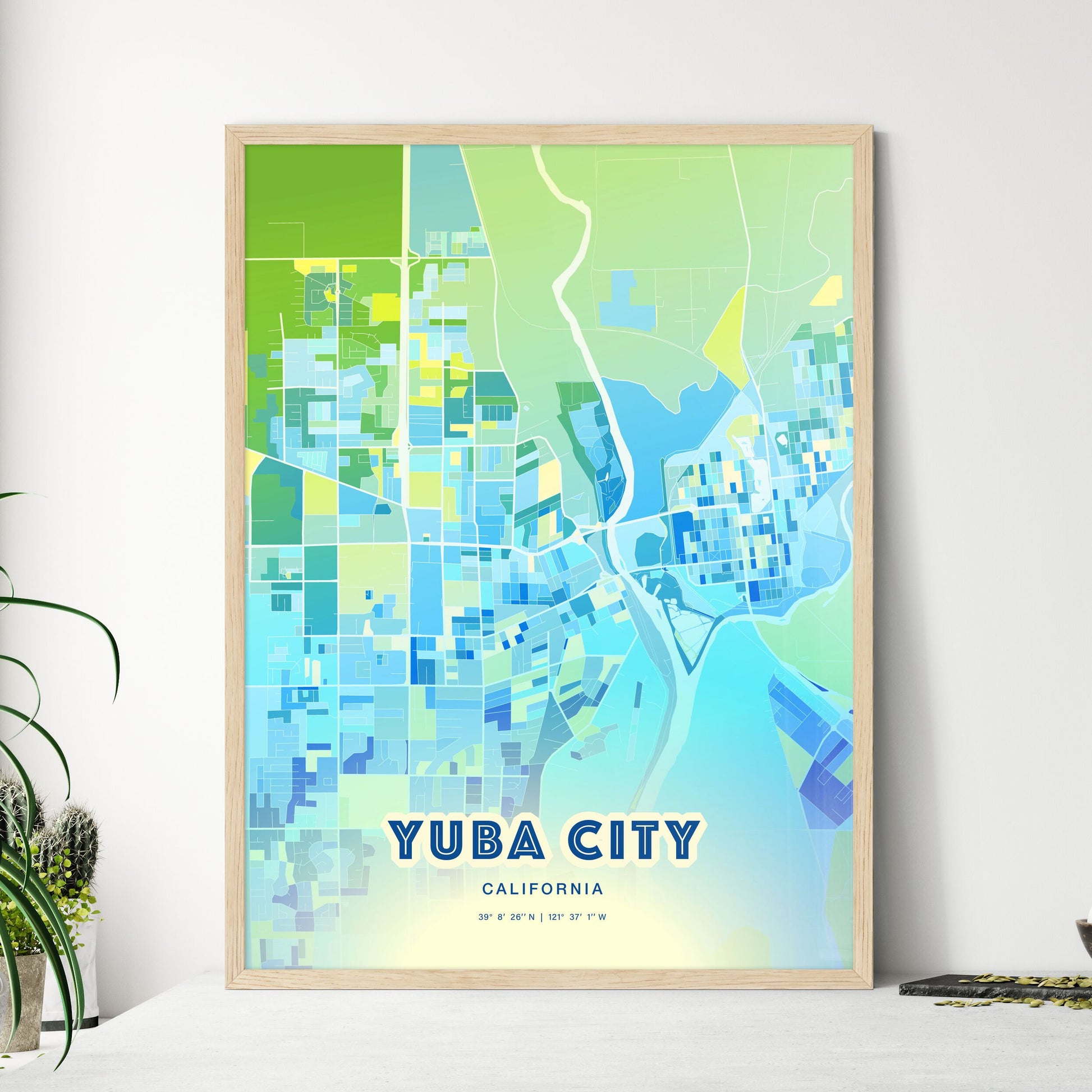 Colorful YUBA CITY CALIFORNIA Fine Art Map Cool Blue