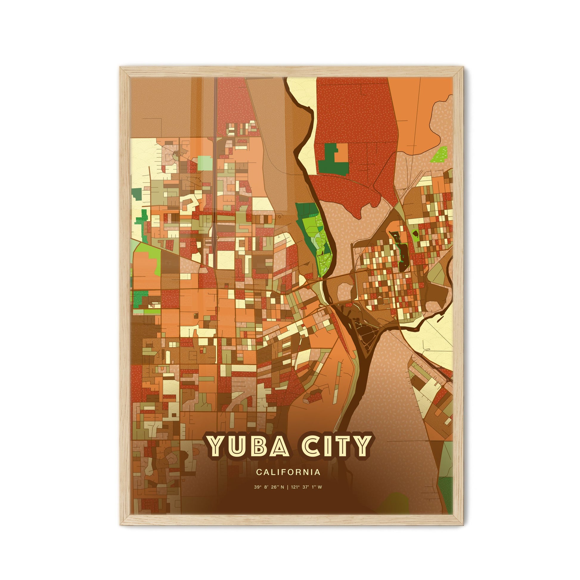 Colorful YUBA CITY CALIFORNIA Fine Art Map Farmhouse