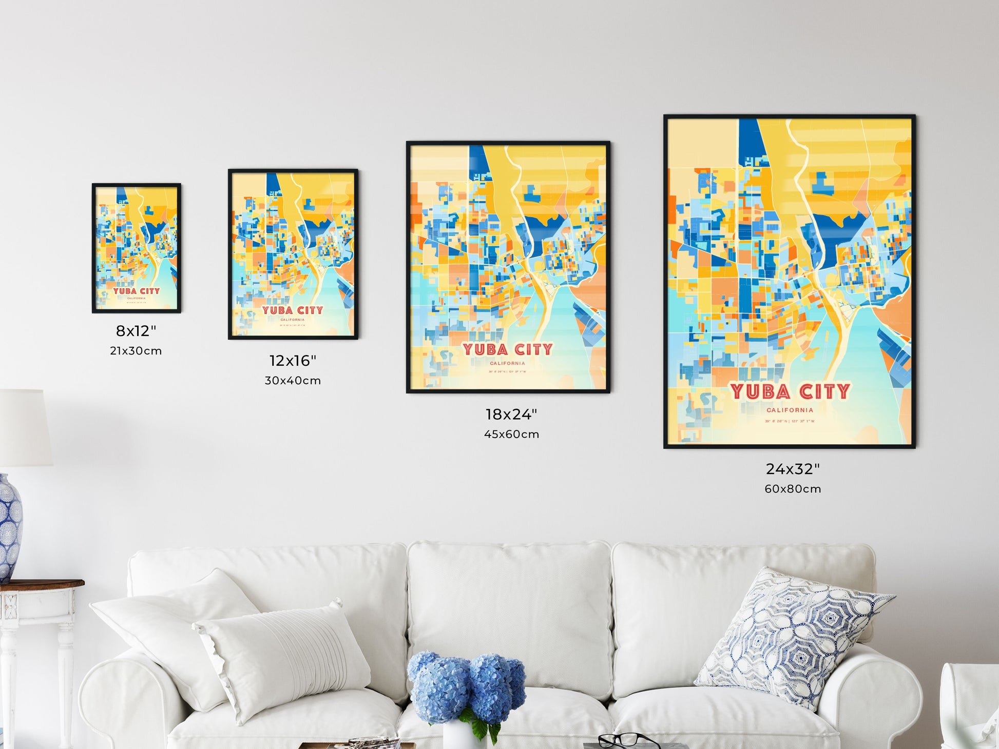 Colorful YUBA CITY CALIFORNIA Fine Art Map Blue Orange