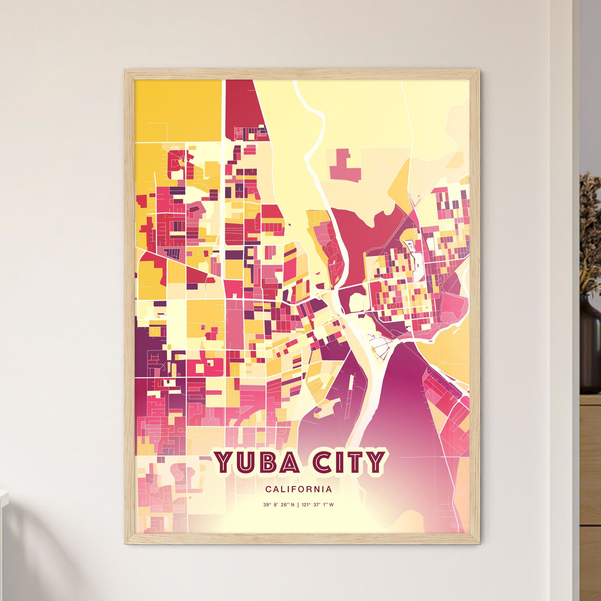 Colorful YUBA CITY CALIFORNIA Fine Art Map Hot Red