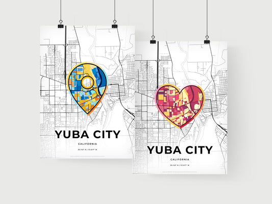 YUBA CITY CALIFORNIA minimal art map with a colorful icon. Where it all began, Couple map gift.