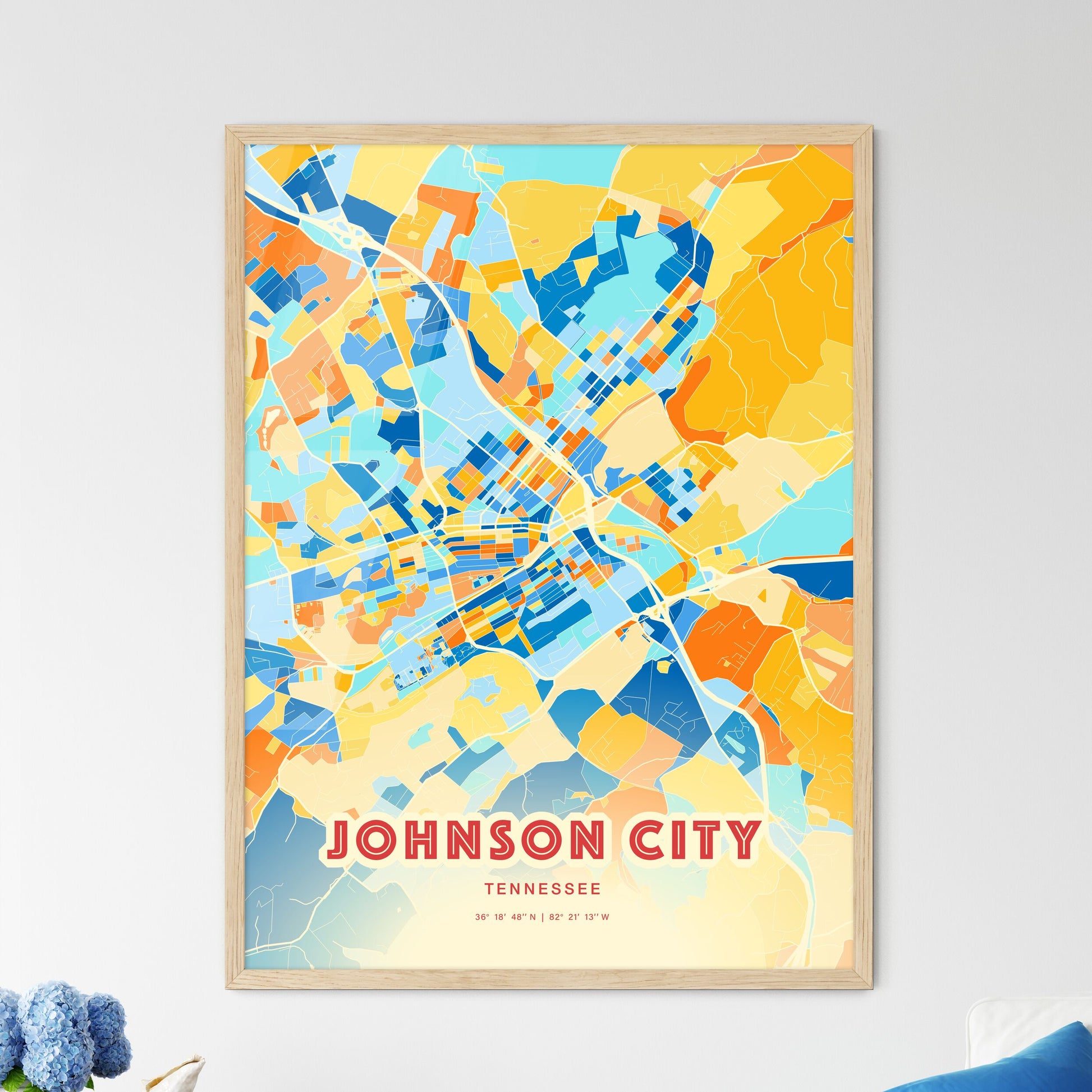 Colorful JOHNSON CITY TENNESSEE Fine Art Map Blue Orange