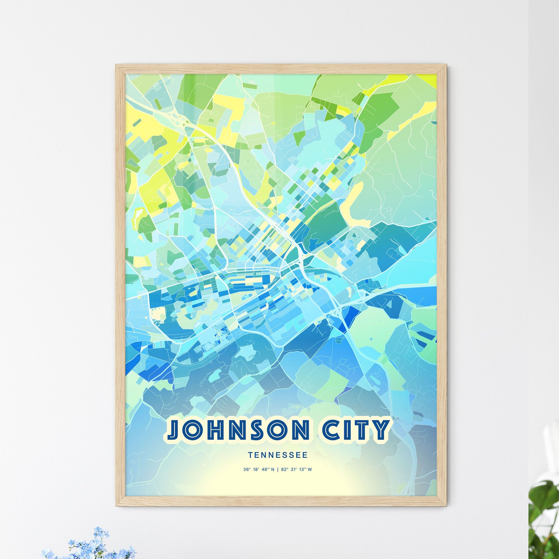 Colorful JOHNSON CITY TENNESSEE Fine Art Map Cool Blue