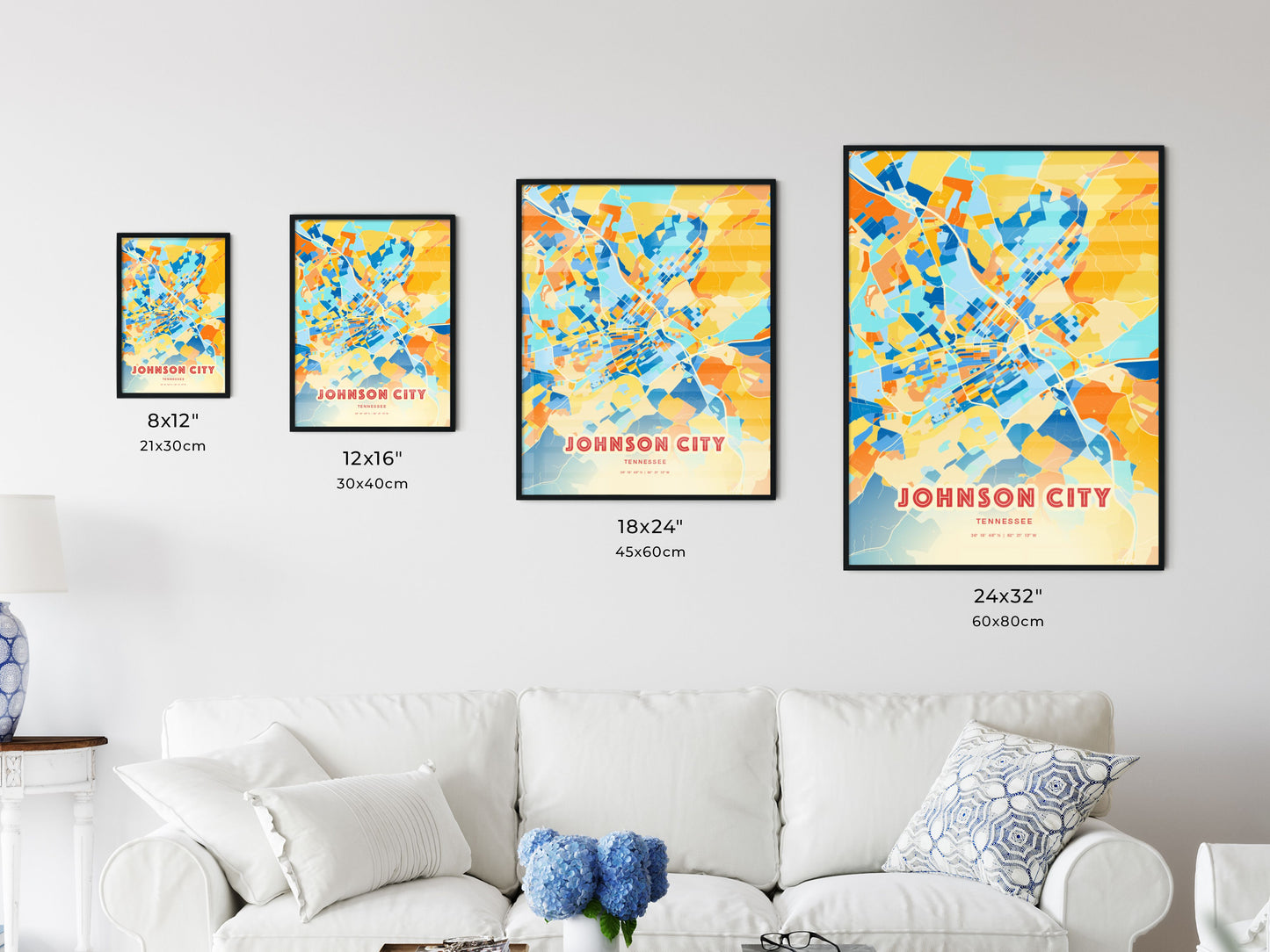 Colorful JOHNSON CITY TENNESSEE Fine Art Map Blue Orange