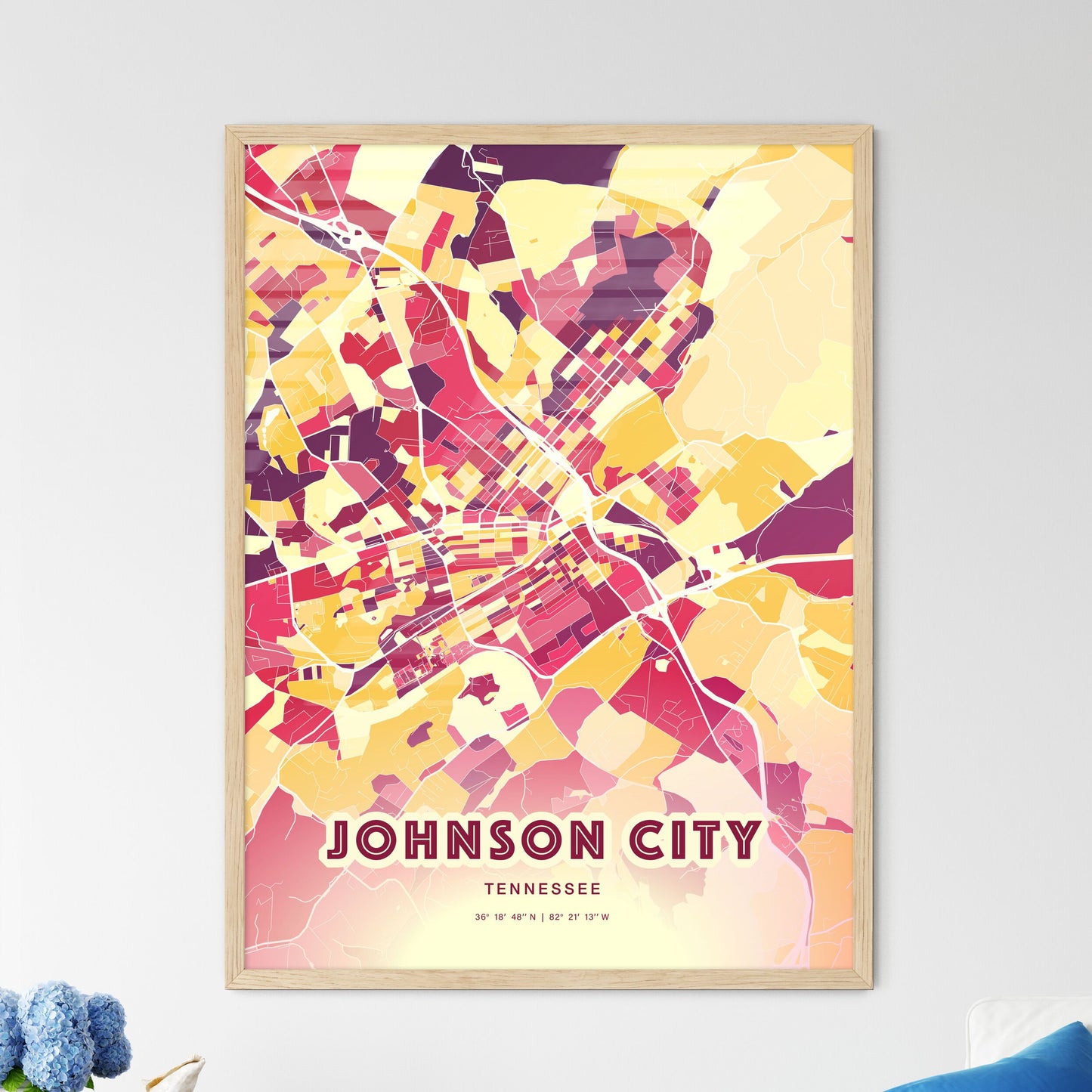 Colorful JOHNSON CITY TENNESSEE Fine Art Map Hot Red