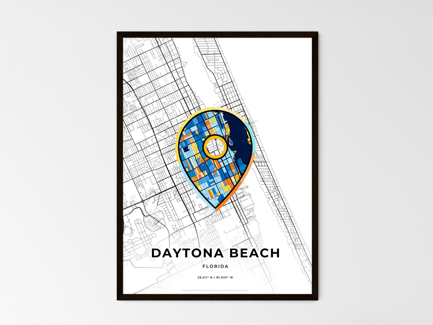 Daytona Beach Florida wedding art map with pointer icon