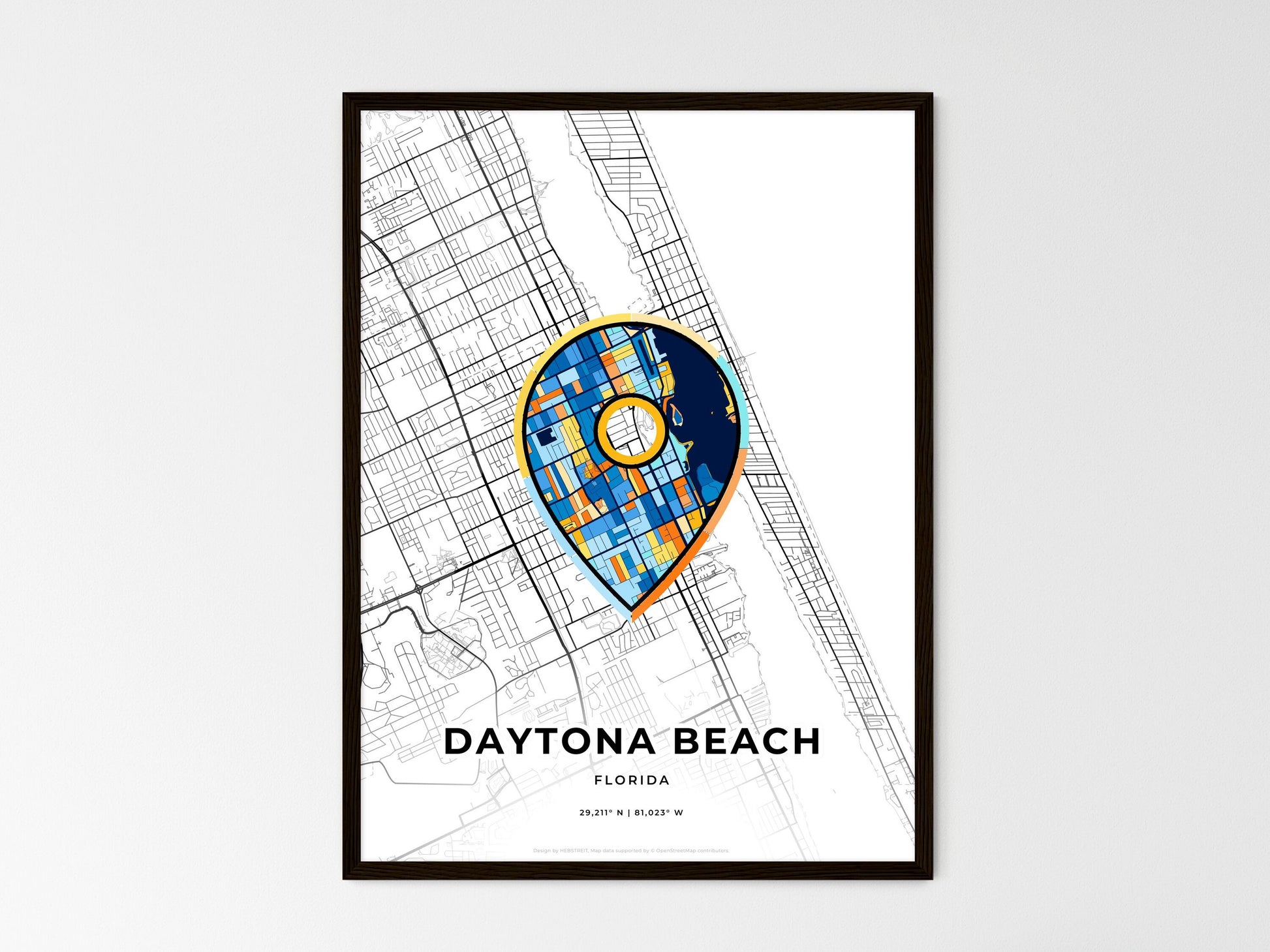 Daytona Beach Florida wedding art map with pointer icon